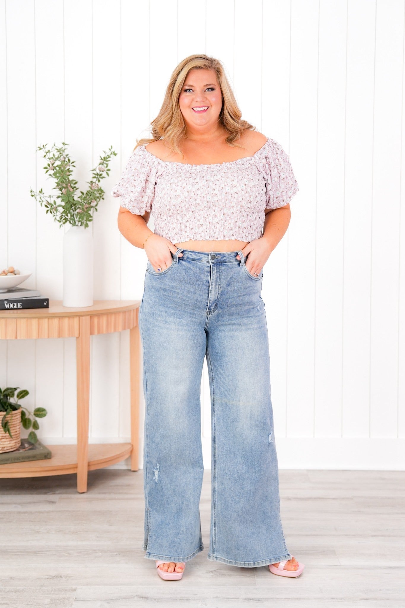 Risen Medium Wash Wide Leg Jeans with Side Slit