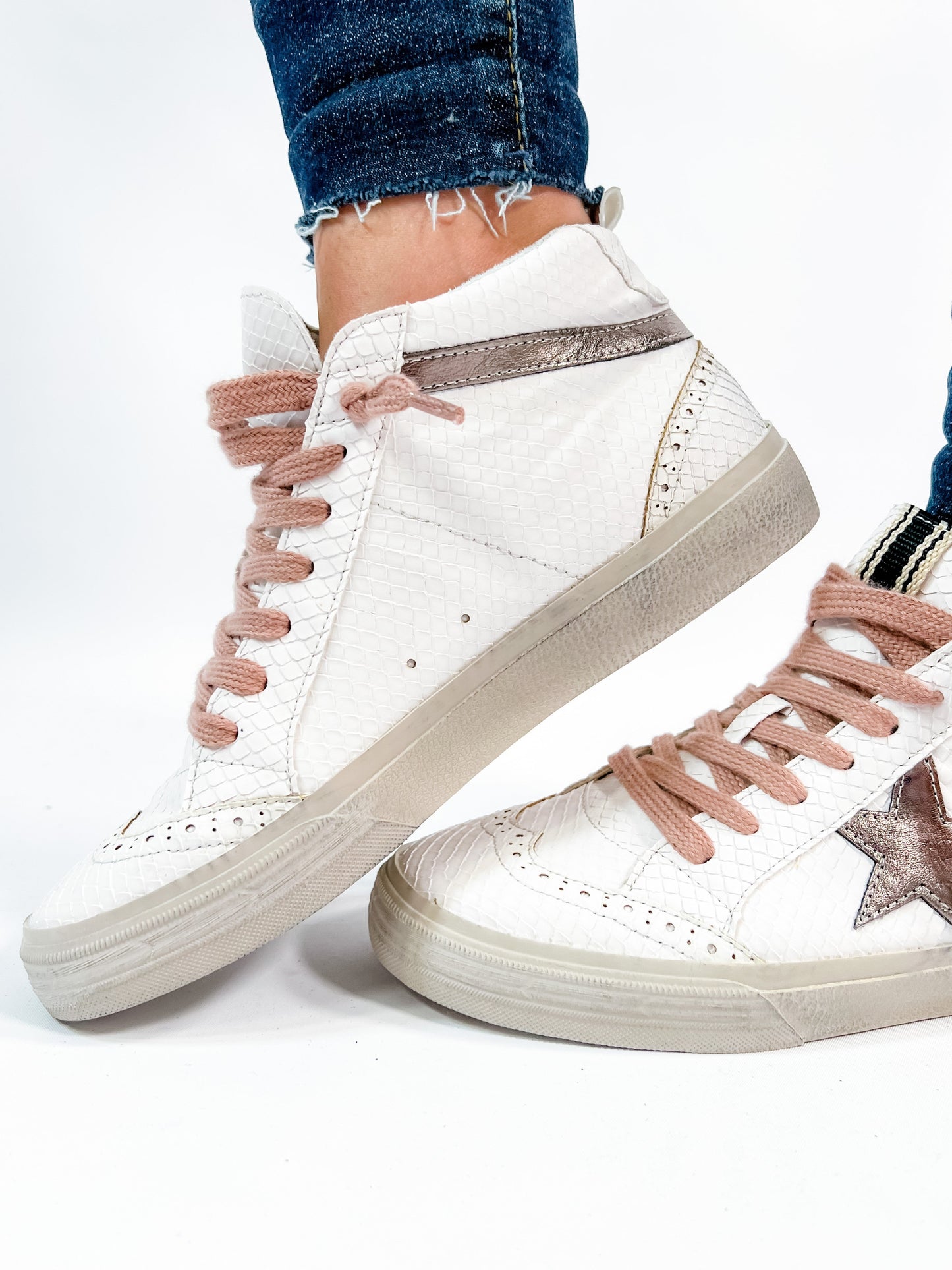 Shu Shop White Snake Texture Bronze Star Hi-Top Sneakers
