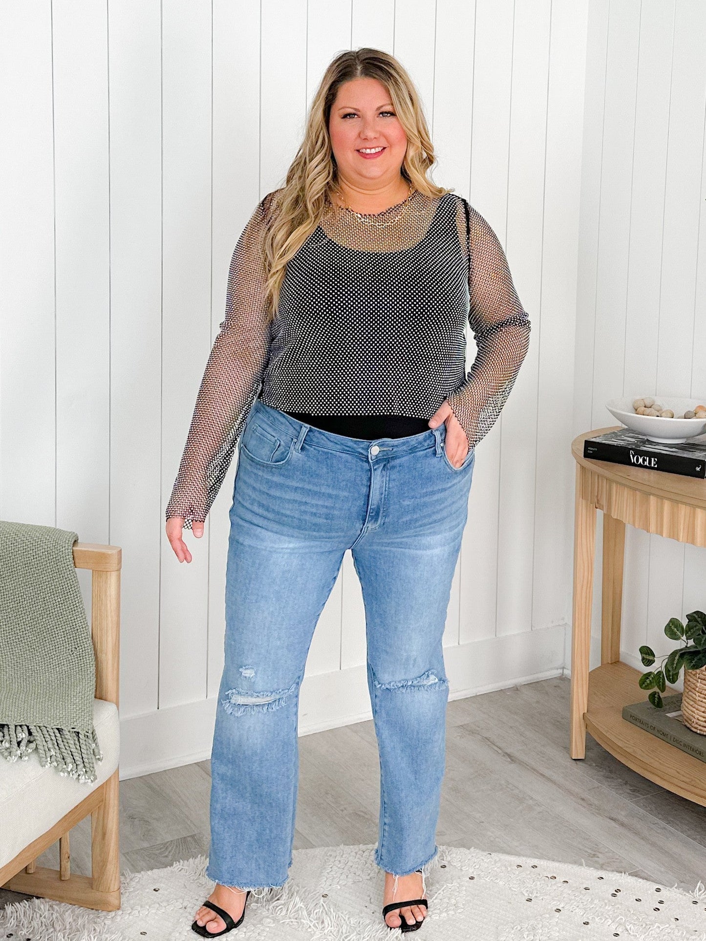 Metallic Rhinestone Mesh Long Sleeve Top (Multiple Colors)