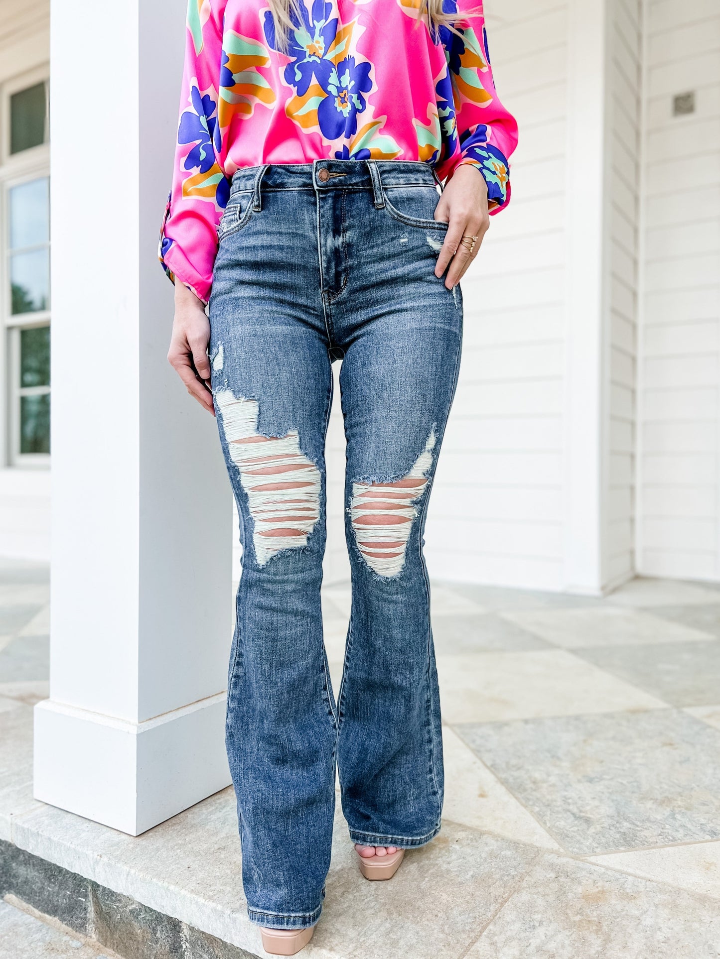 Judy Blue Country Roads Medium Wash Mid Rise Distressed Flare Long Inseam Jeans
