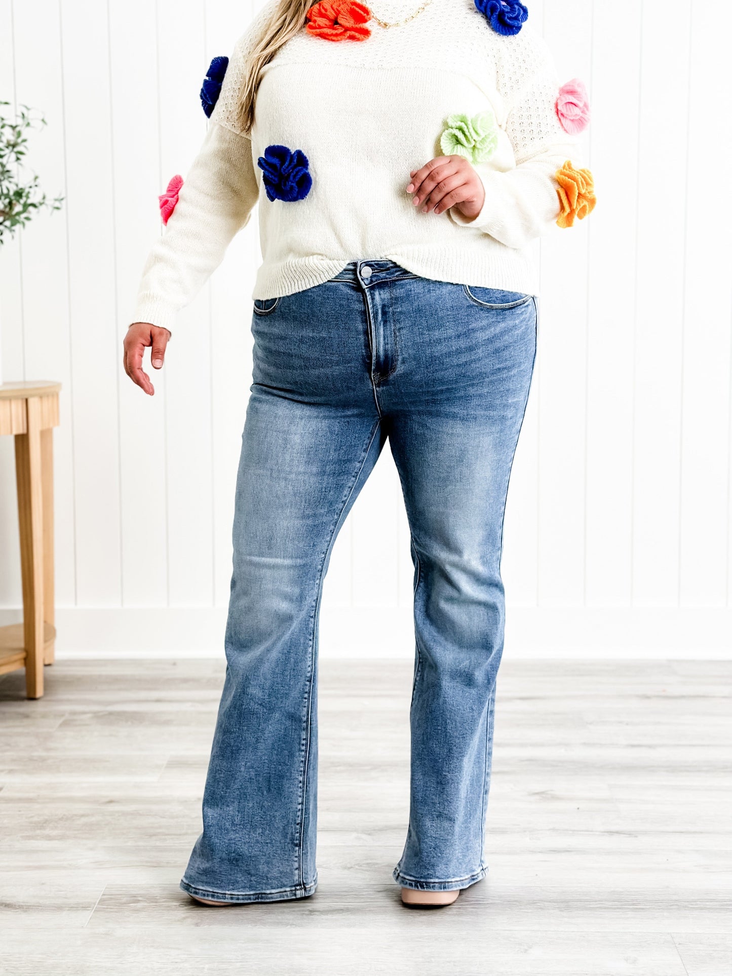 Freckled Poppy X Risen Wildest Dreams Mid Rise Medium Wash Basic Non Distressed Flare Jeans