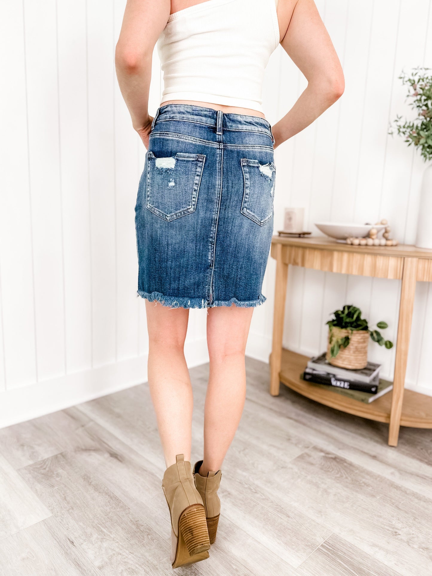 Plus/Reg Medium Wash High Rise Mini Skirt