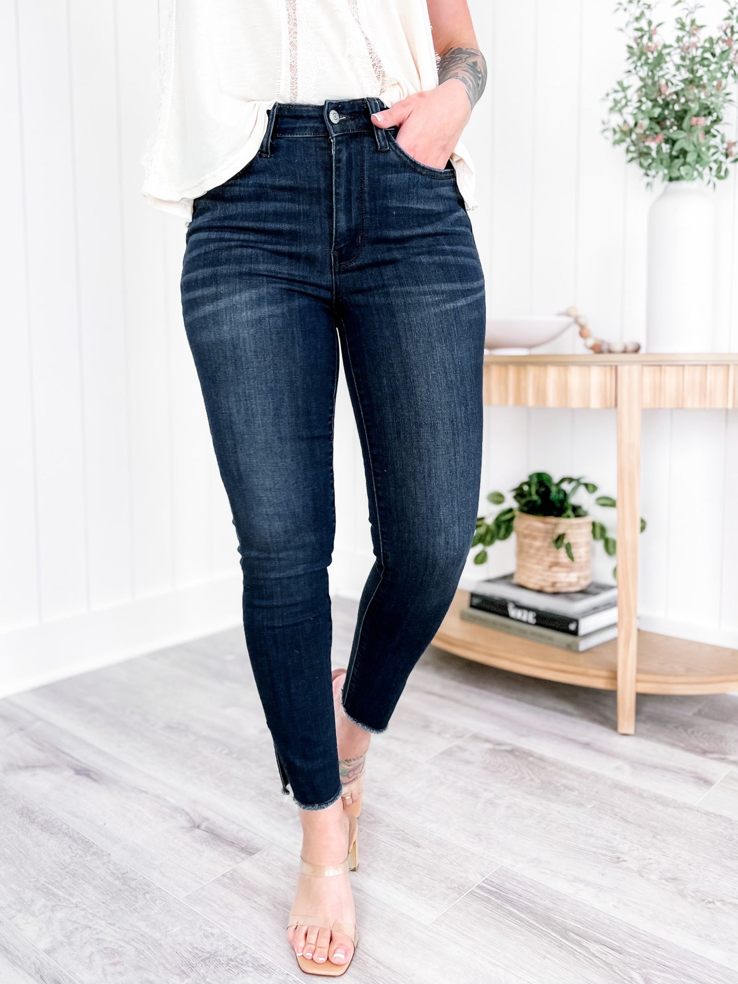 Judy Blue Dark Wash High Rise Side Slit Raw Hem Skinny Jeans