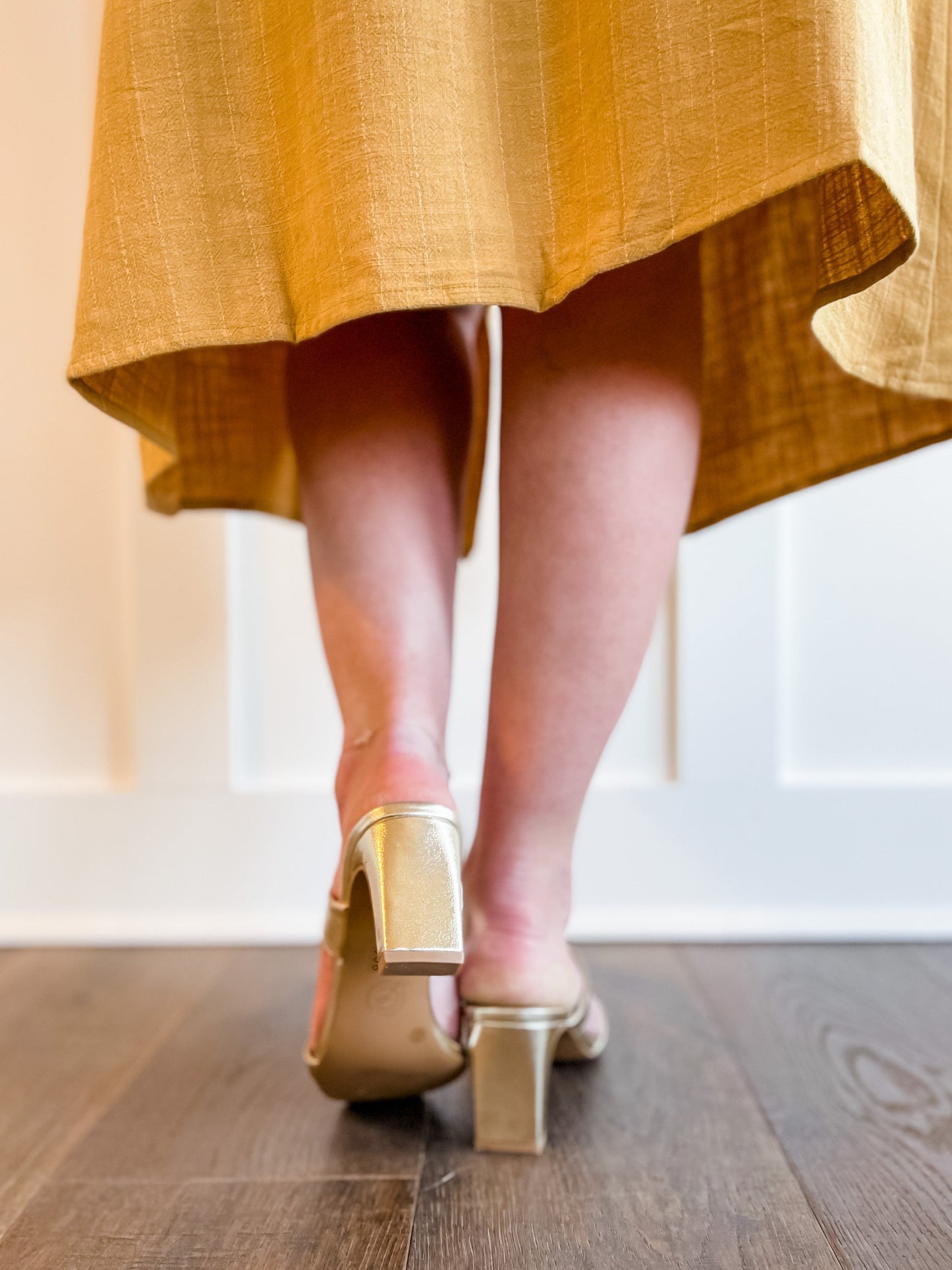 Metallic Light Gold Heeled Double Strap Slide In Sandals