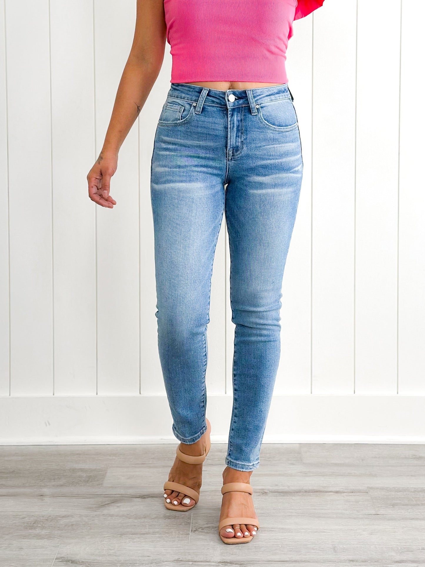Risen Mid Rise Medium Wash Relaxed Skinny Jeans