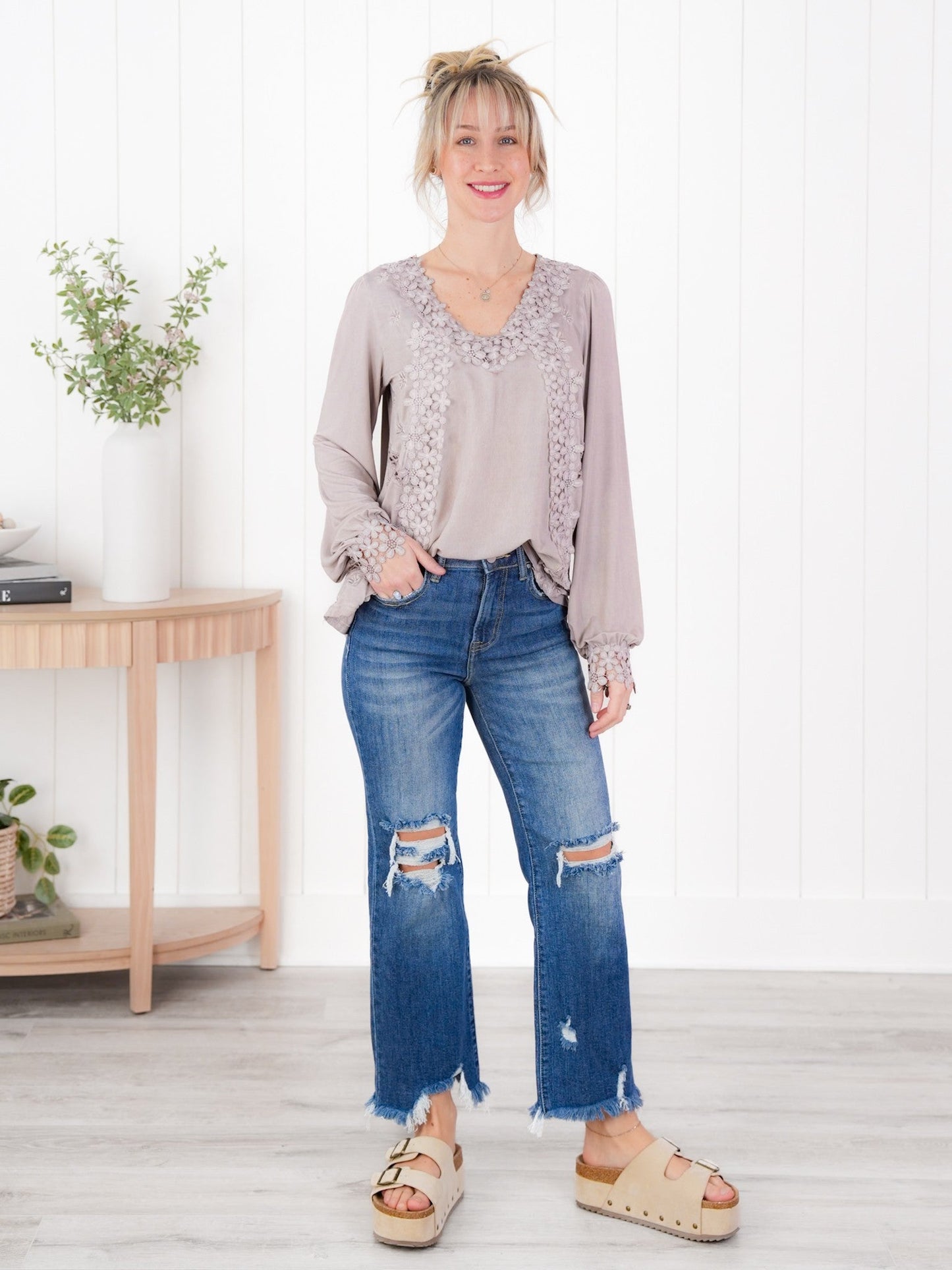 Restocks! POL Floral Embroidered Long Sleeve V-Neck Top (Multiple Colors)