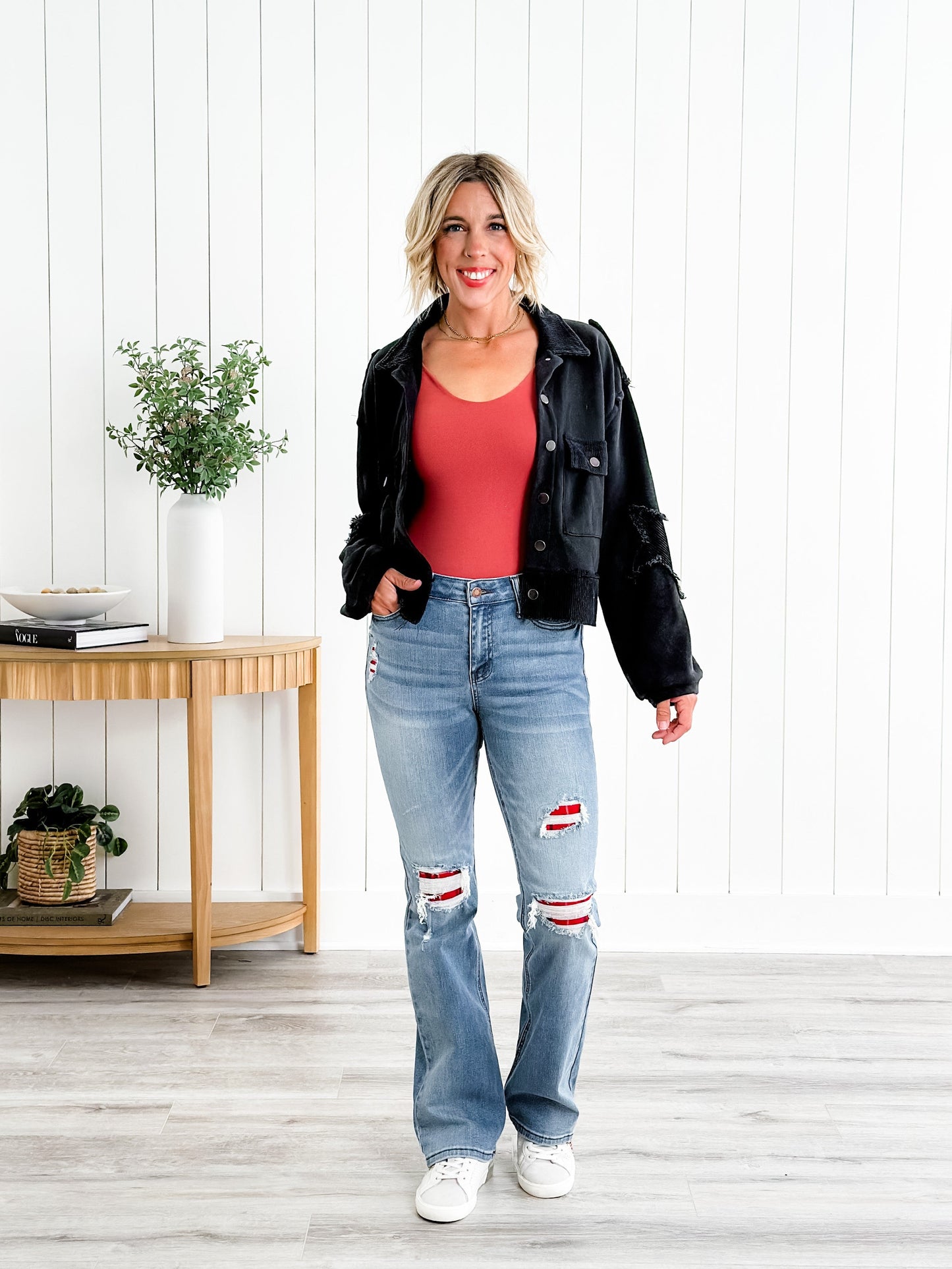 Judy Blue Plaid for You Mid Rise Medium Wash Bootcut Jeans With Patch Detail
