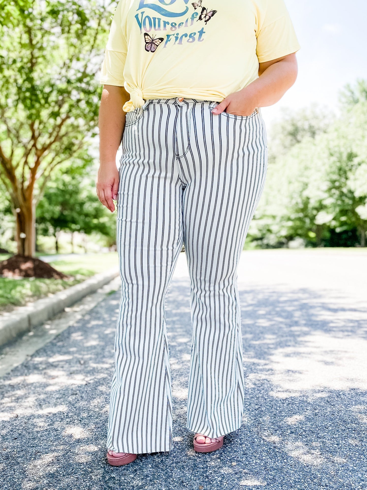 Judy Blue Long Inseam White Pinstripe Super Flare Jeans