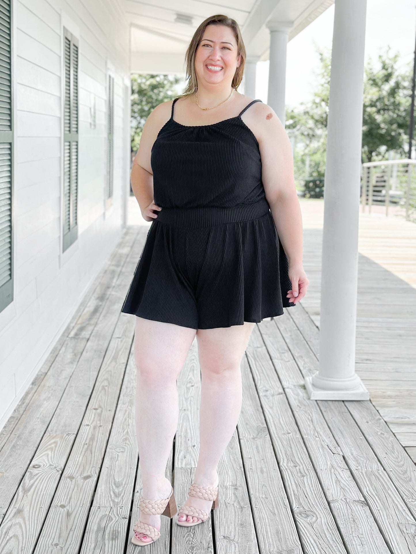 Plus/Reg Sleeveless Rib Knit Romper With Elastic Waist