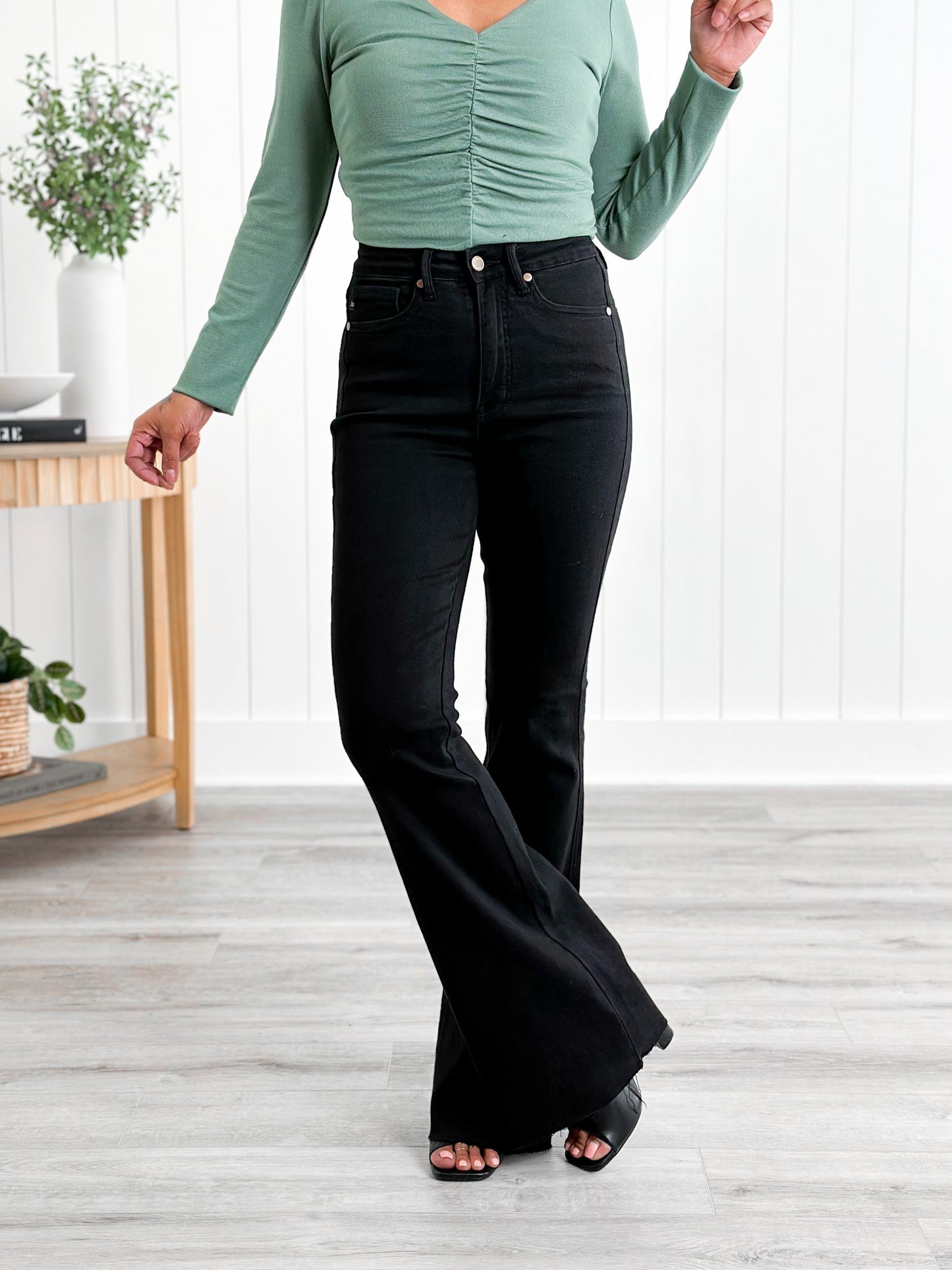 Judy Blue High Rise Black Tummy Control Cut Hem Flare Jeans