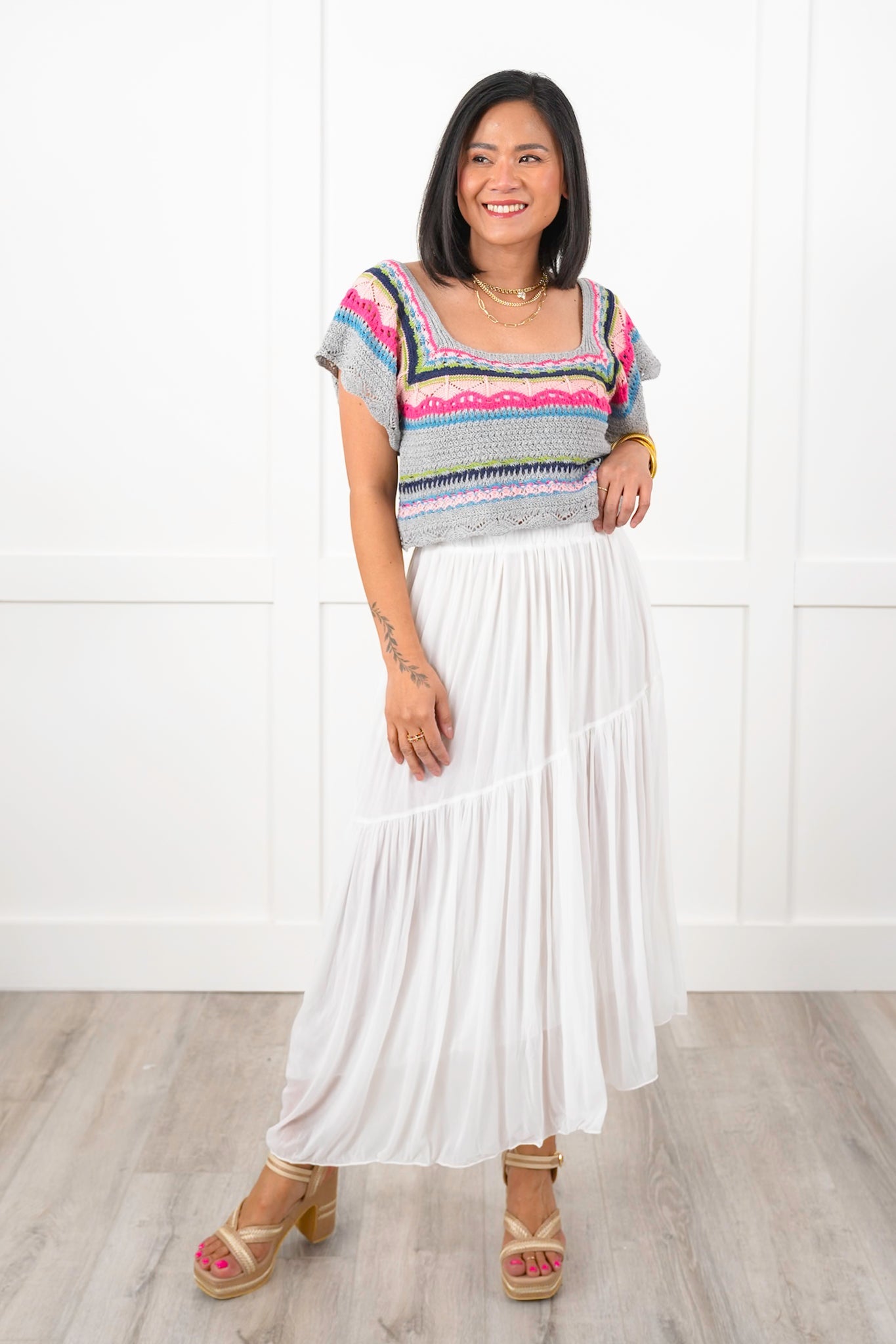 POL Multi Stripe Short Sleeve Square Neck Crop Sweater Top