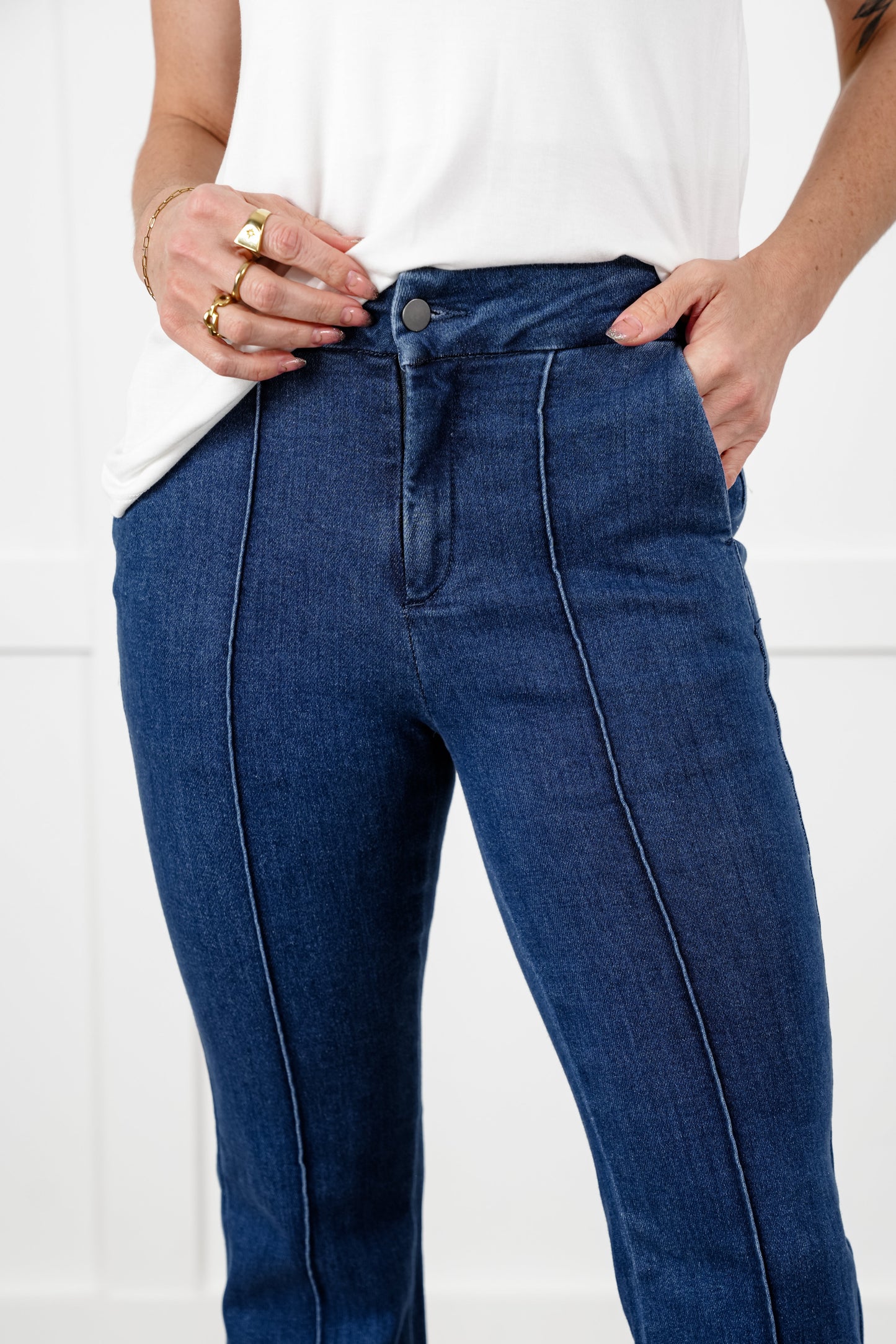 Special A High Rise Dark Wash Tummy Control Flare Jeans with Front Seam Detail