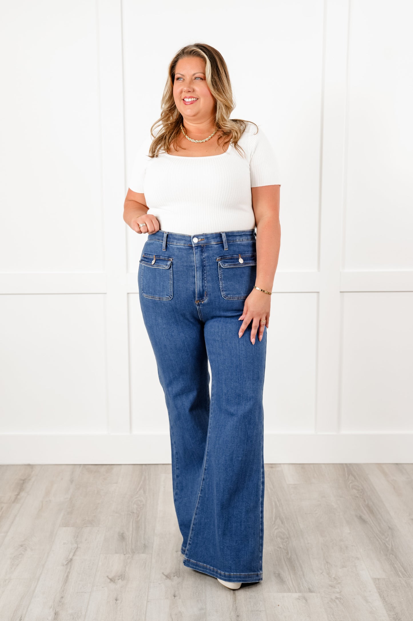 Special A High Rise Medium Wash Tummy Control Flare Jeans with Patch Pockets
