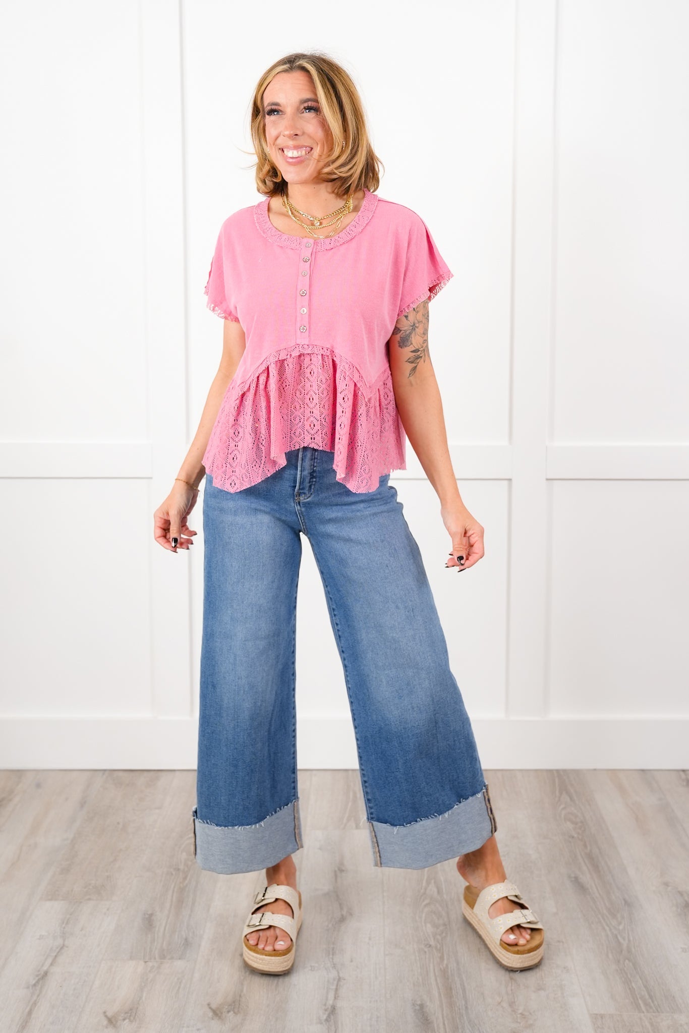POL Short Sleeve Button Up Knit Top with Crochet Detail