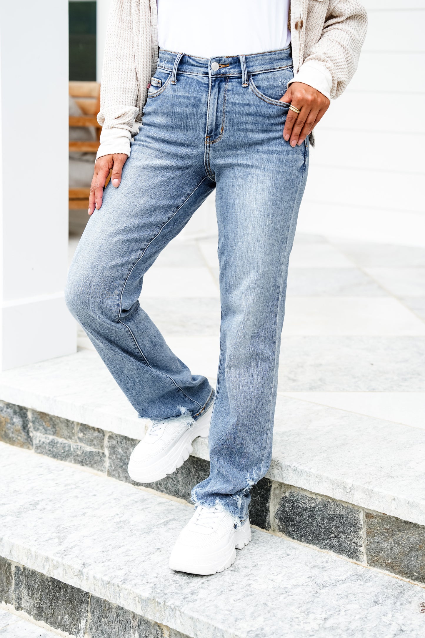 Judy Blue High Rise Medium Wash Distressed Straight Leg Jeans