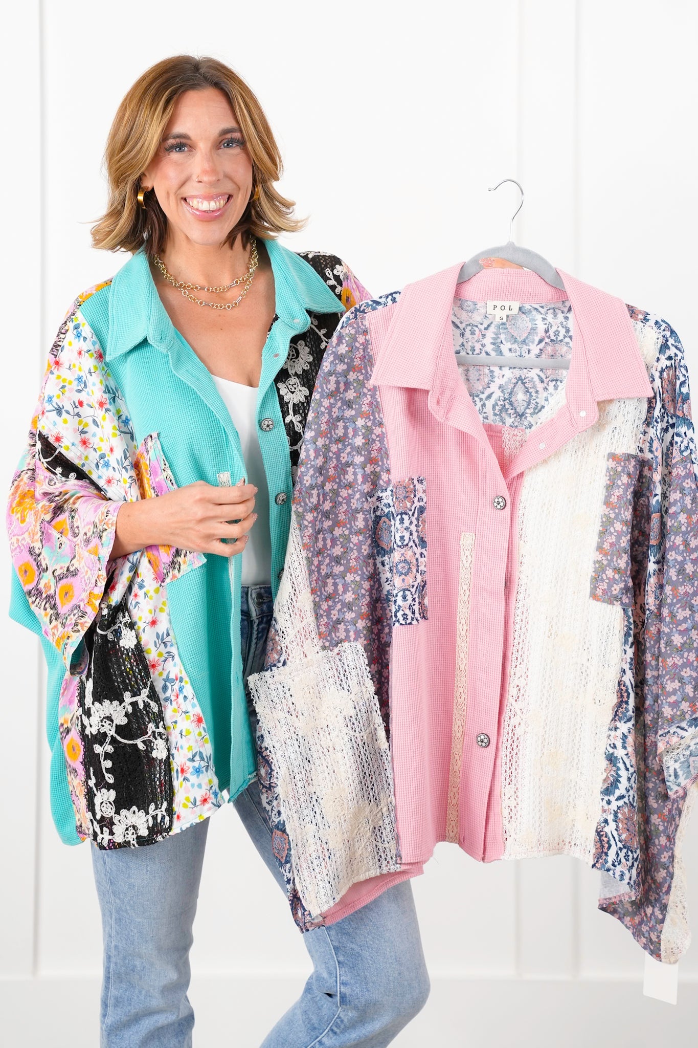 POL Thermal Long Dolman Sleeve Button Down Top with Contrast Print Detail