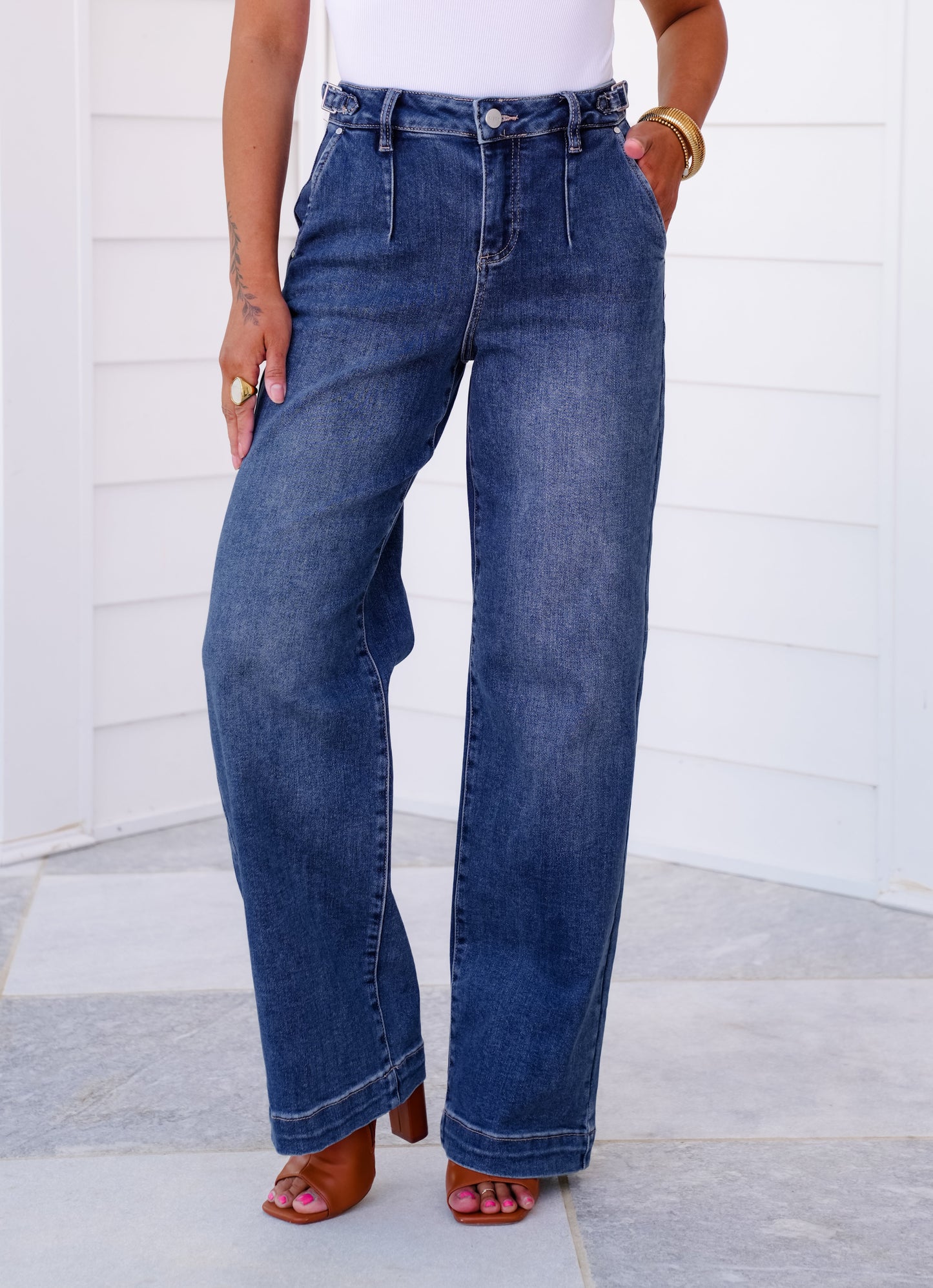 Risen High Rise Medium Wash Adjustable Waistband Wide Leg Pleated Jeans