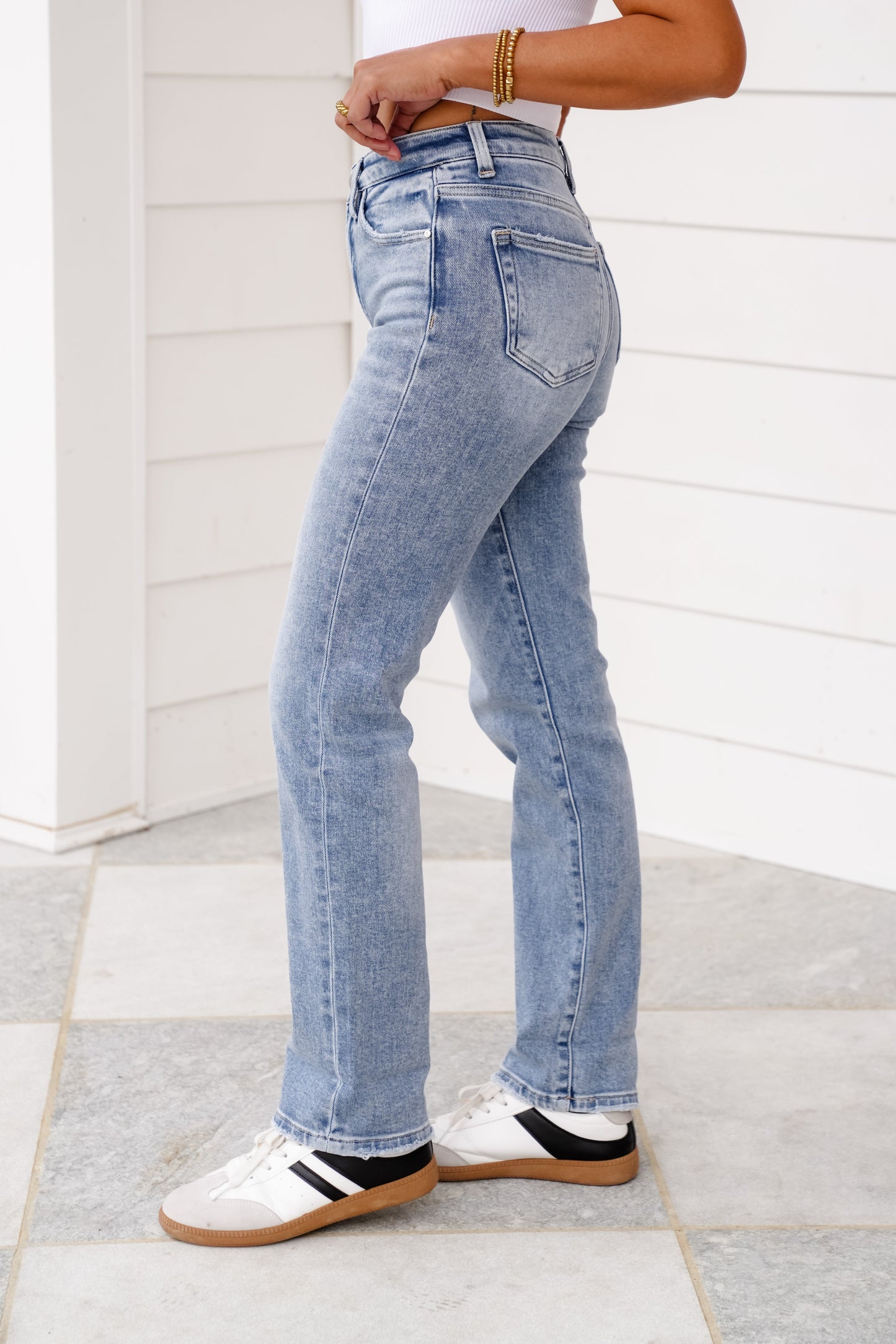 Risen High Rise Light Wash Tummy Control Straight Leg Cuffed Jeans