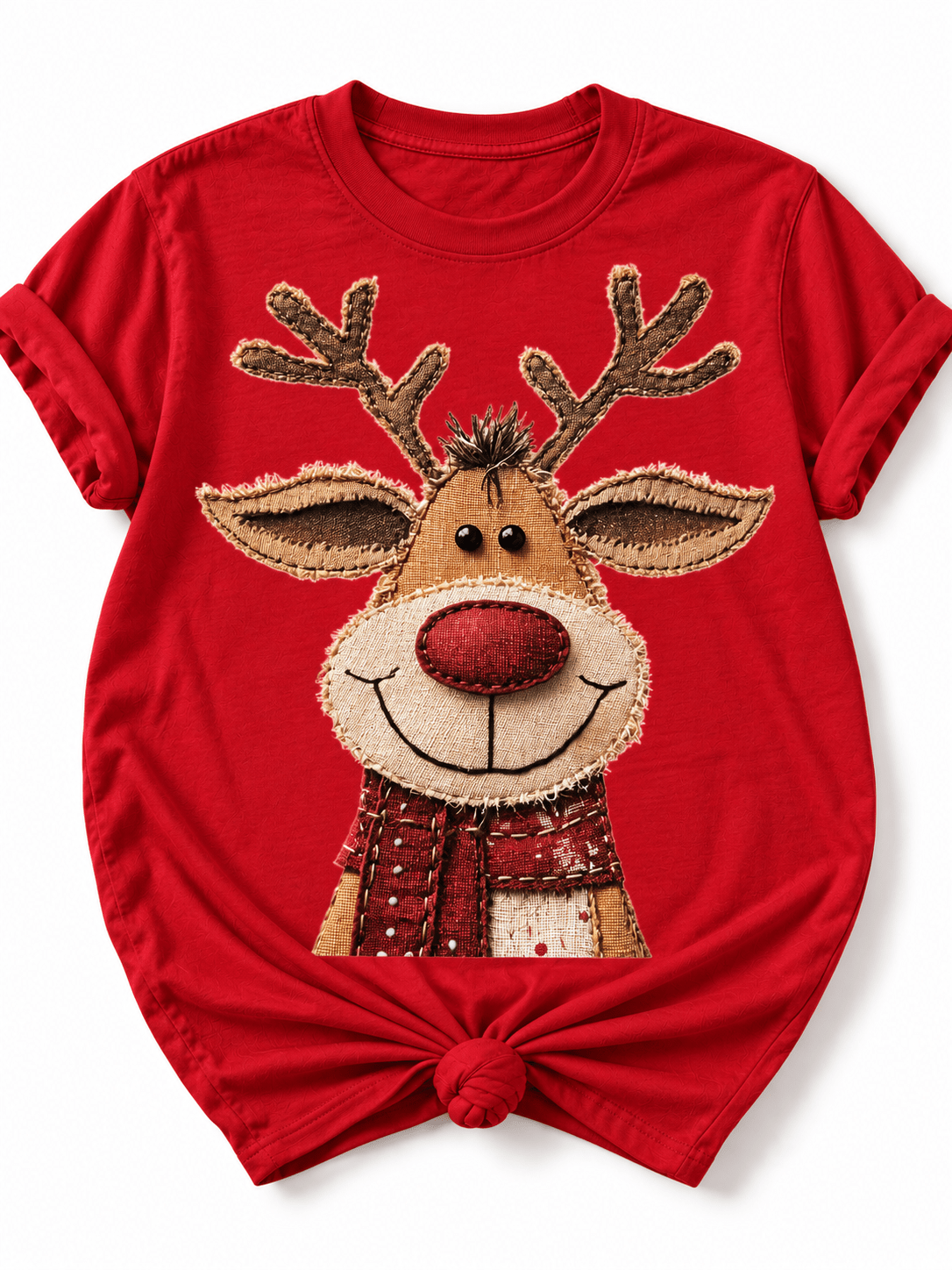 Plus/Reg Red Short Sleeve Patchwork Rudolph Graphic Tee - Freckled Poppy