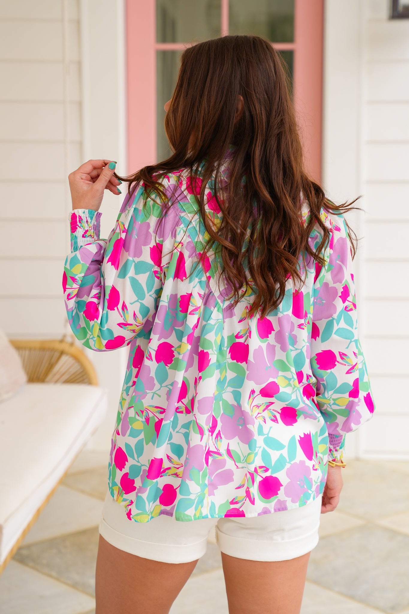 Plus/Reg Pastel Floral Long Sleeve Button Down Blouse
