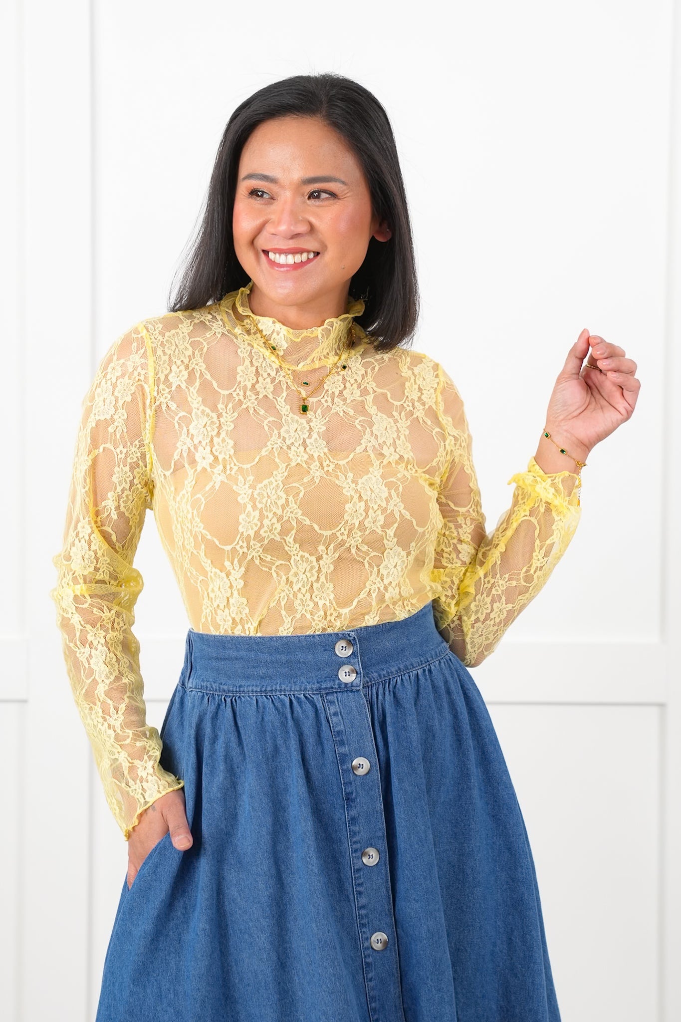 Plus/Reg Floral Lace Long Sleeve Mock Neck Top