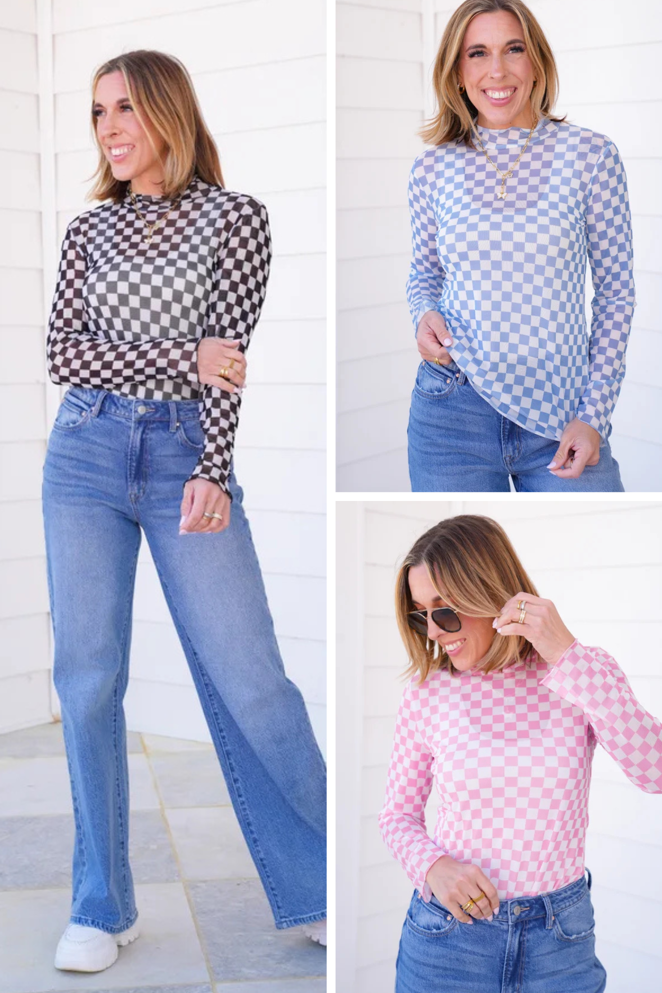 Plus/Reg Checkered Mesh Long Sleeve Mock Neck Top
