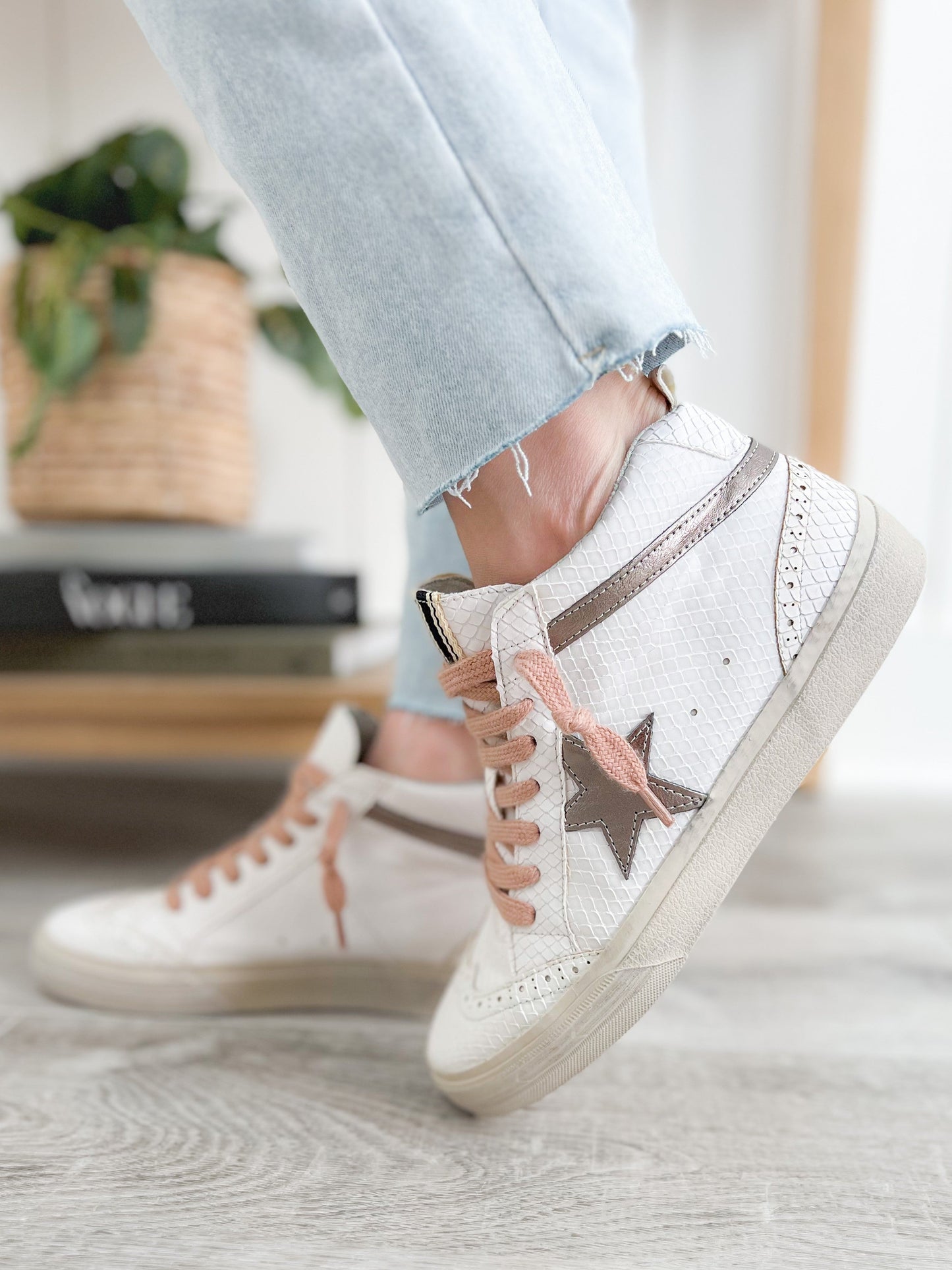 Shu Shop White Snake Texture Bronze Star Hi-Top Sneakers