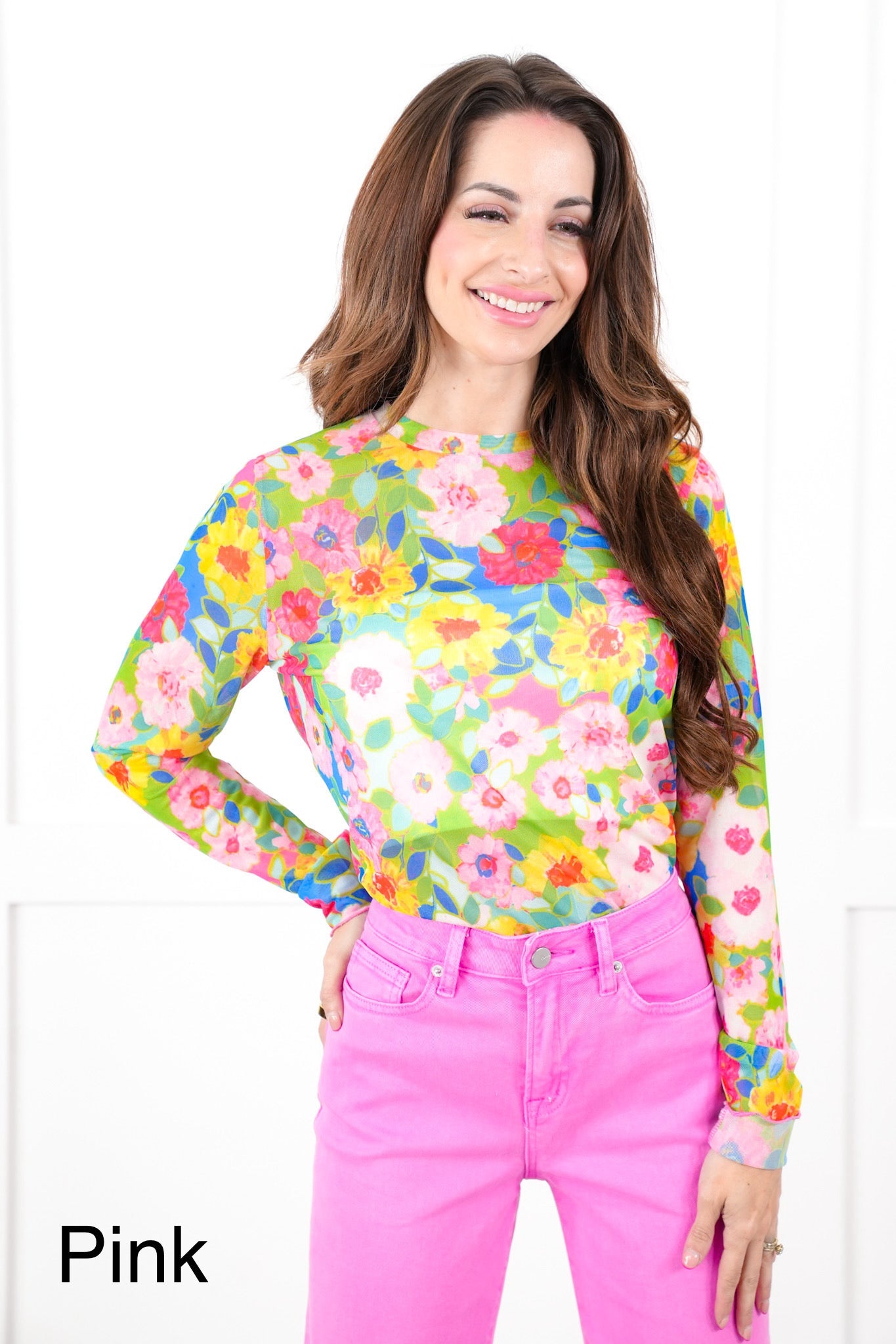 Restock! Plus/Reg Floral Print Mesh Long Sleeve Top