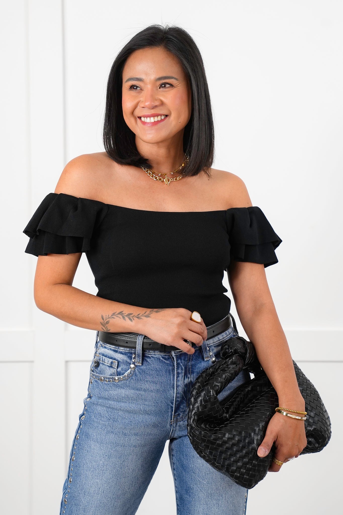 Ruffled Cap Sleeve Square Neck Ribbed Knit Top