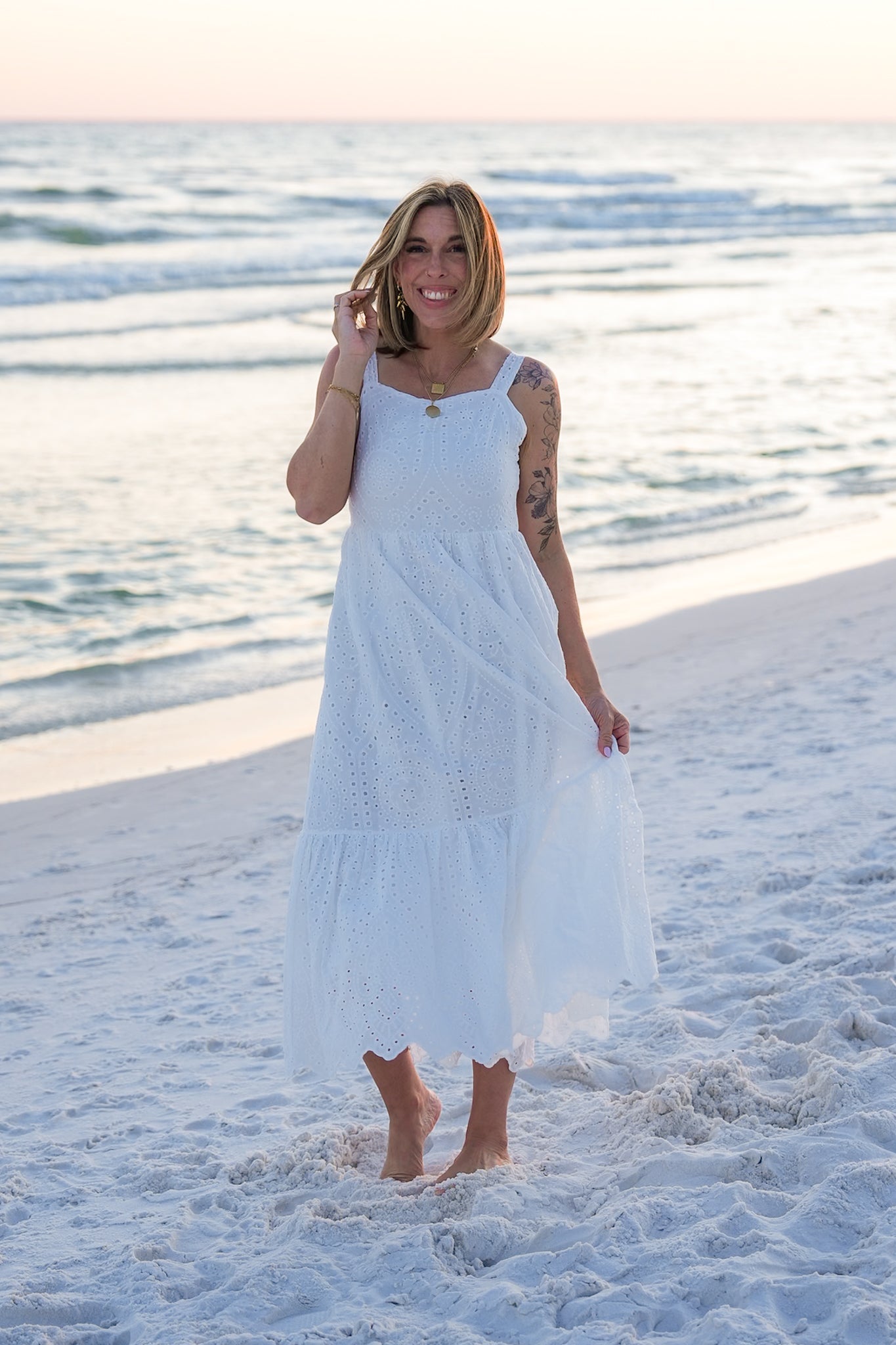 Plus/Reg White Eyelet Sleeveless Maxi Dress