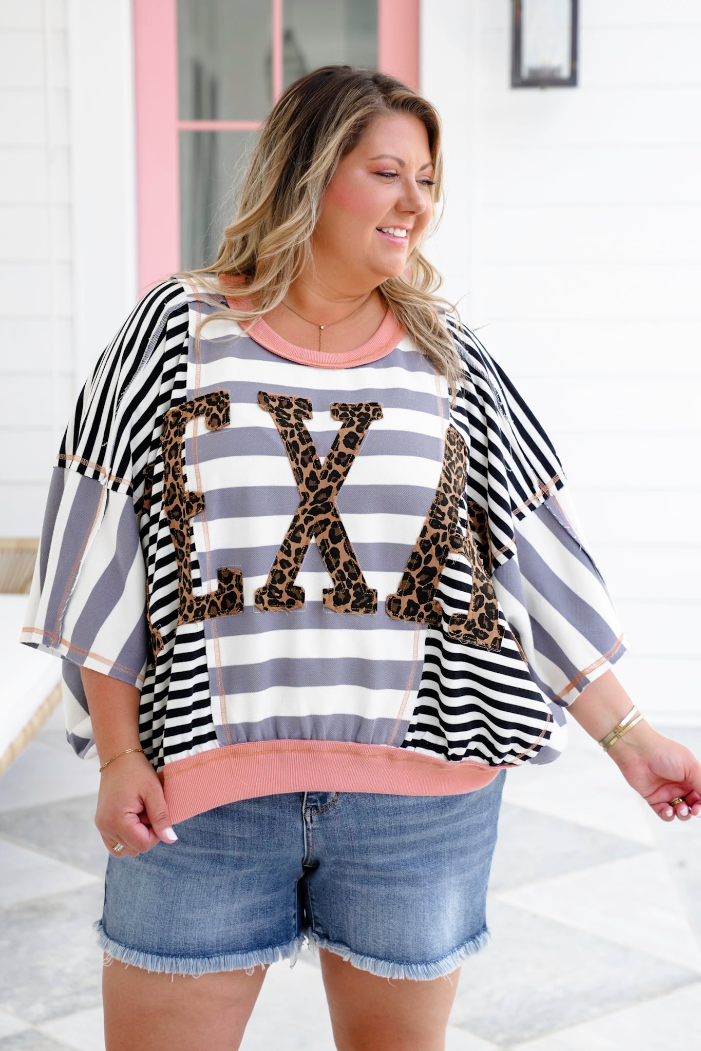 Stripe Short Dolman Sleeve "Texas" Leopard Patchwork Top