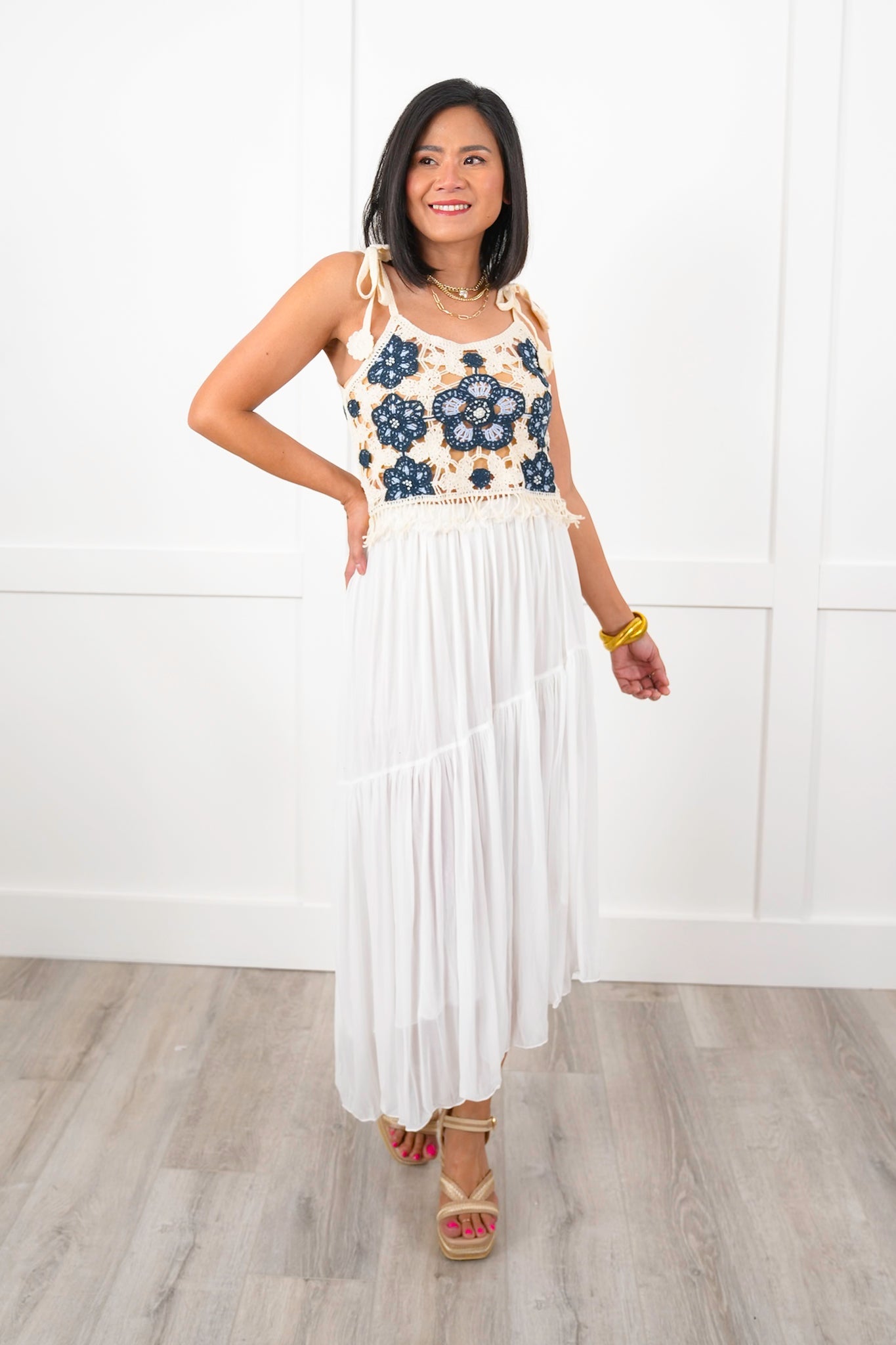 POL Floral Crochet Sleeveless Cropped Top with Fringe Detail