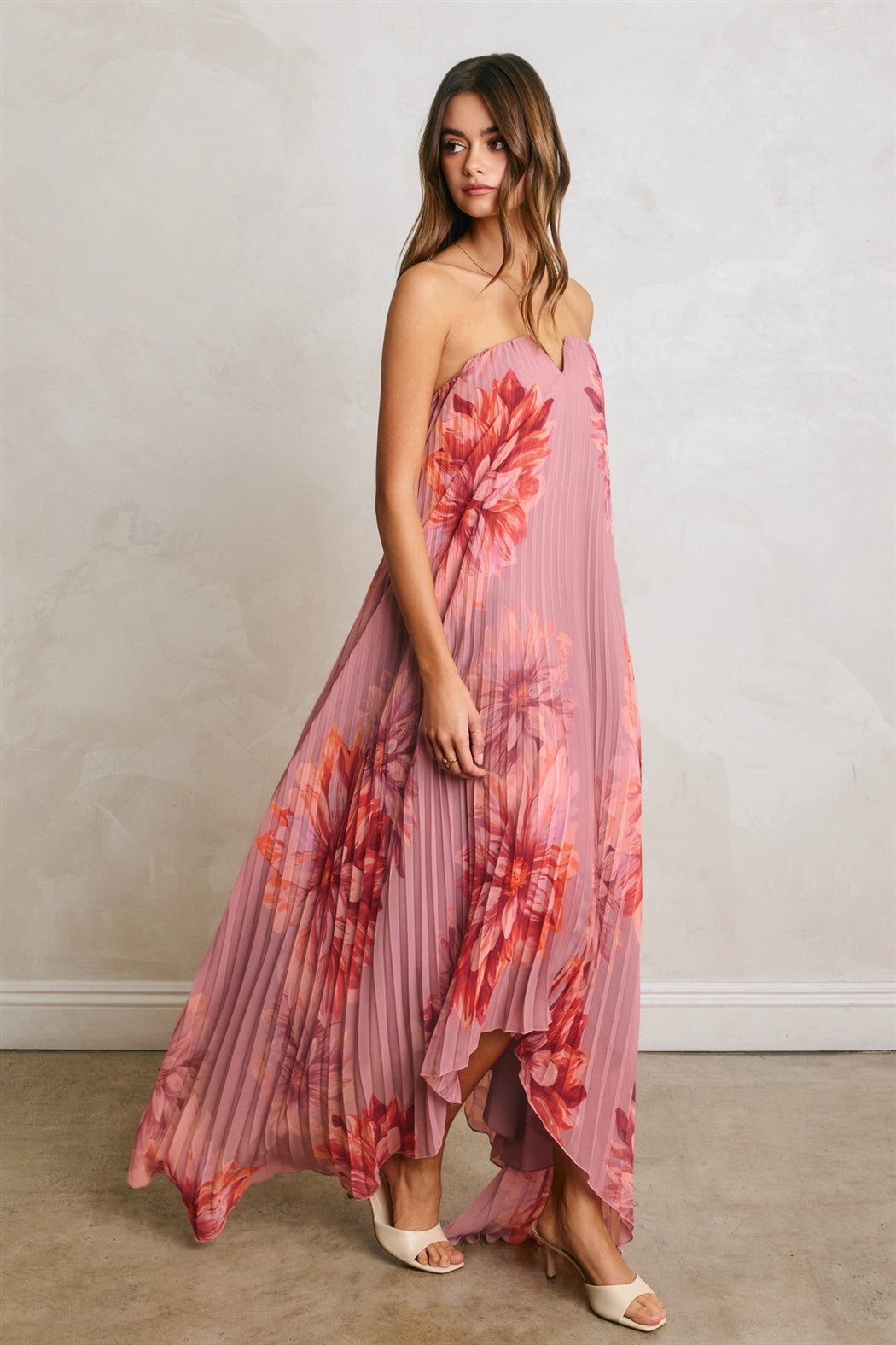 Floral Pleated Strapless Asymmetrical Hem Maxi Dress