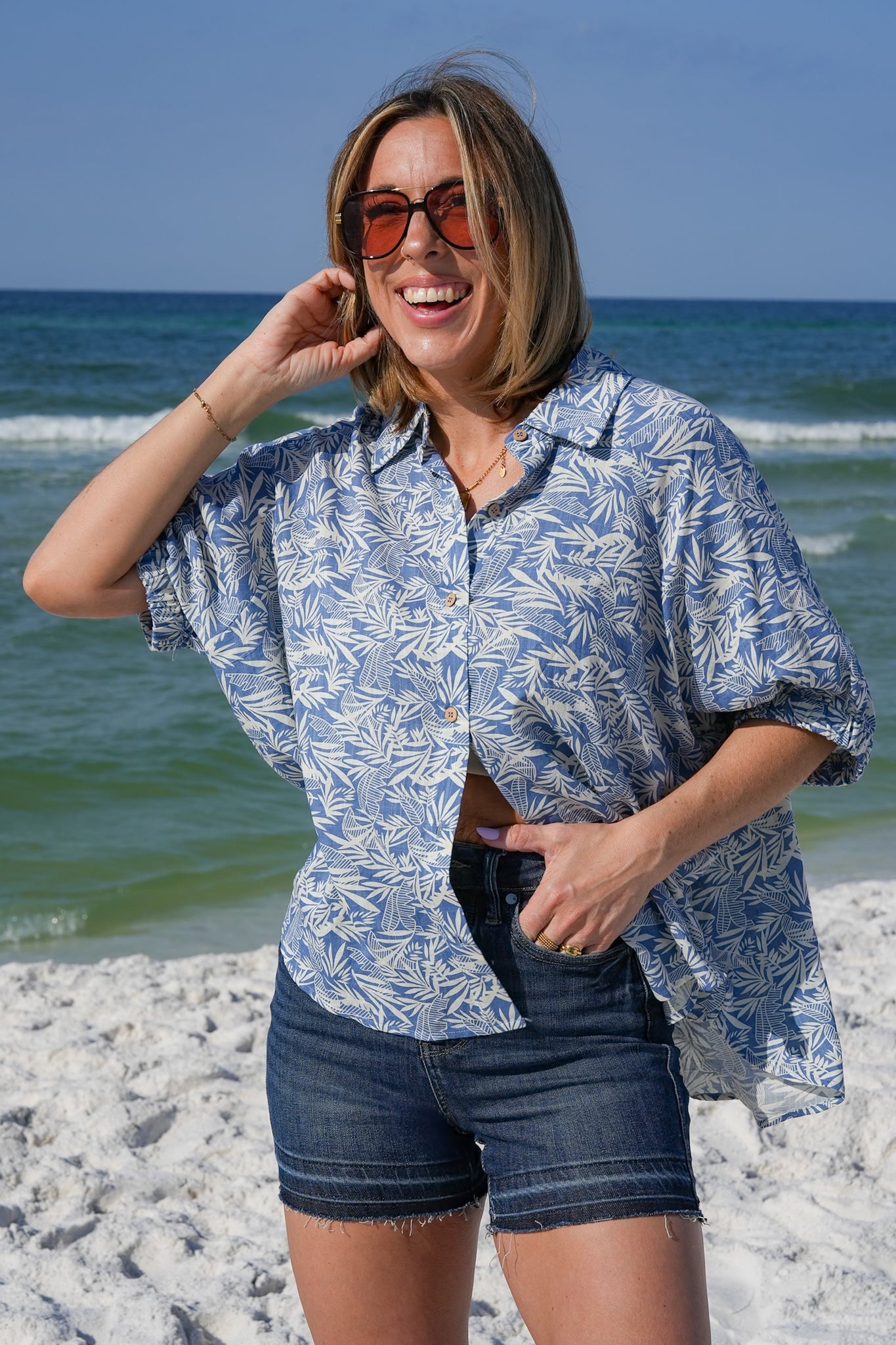 Tropical Print Short Doman Sleeve Button Down Top with Back Cut Out Detail