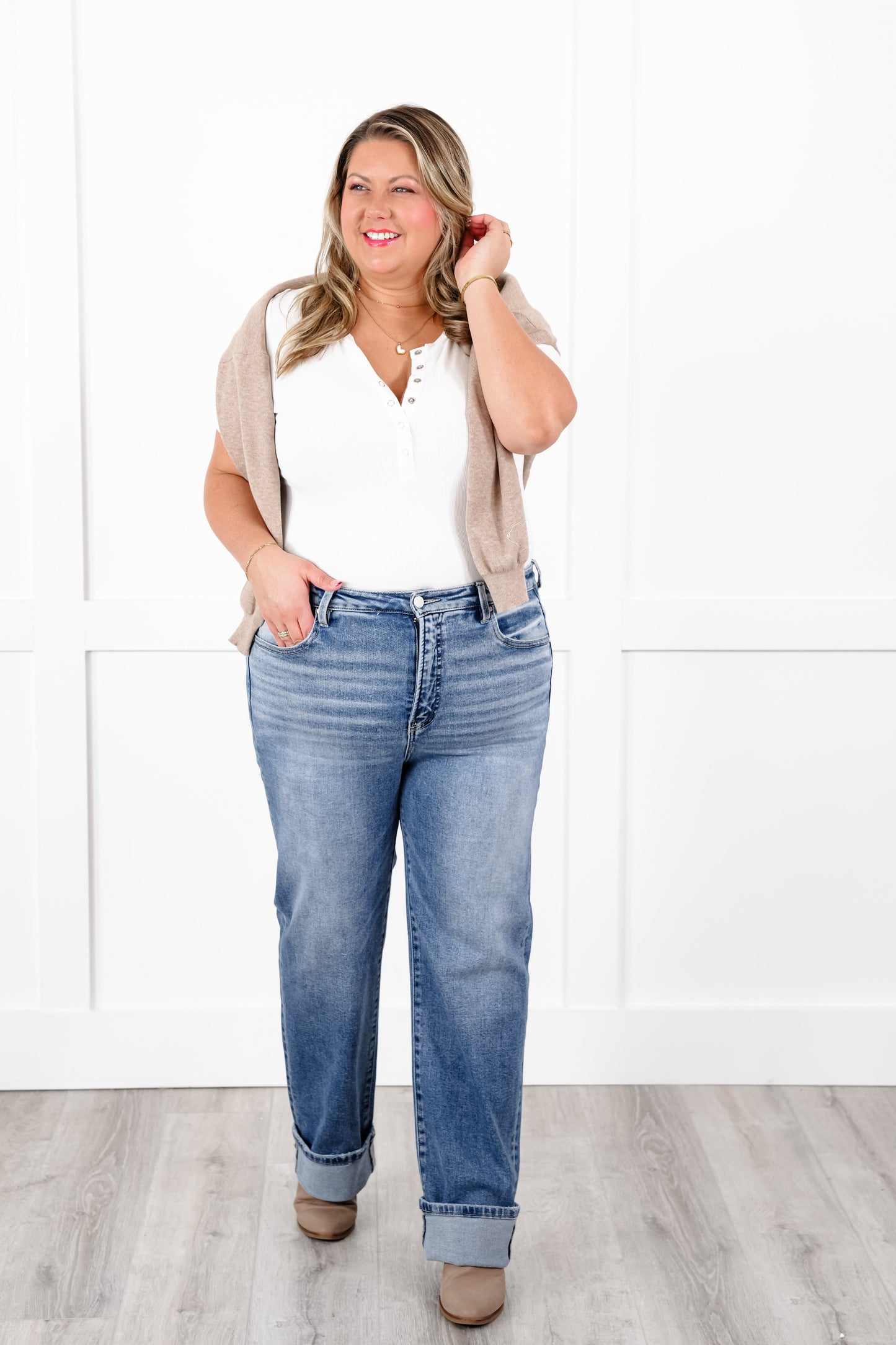 Risen High Rise Medium Wash Tummy Control Straight Leg Cuffed Jeans