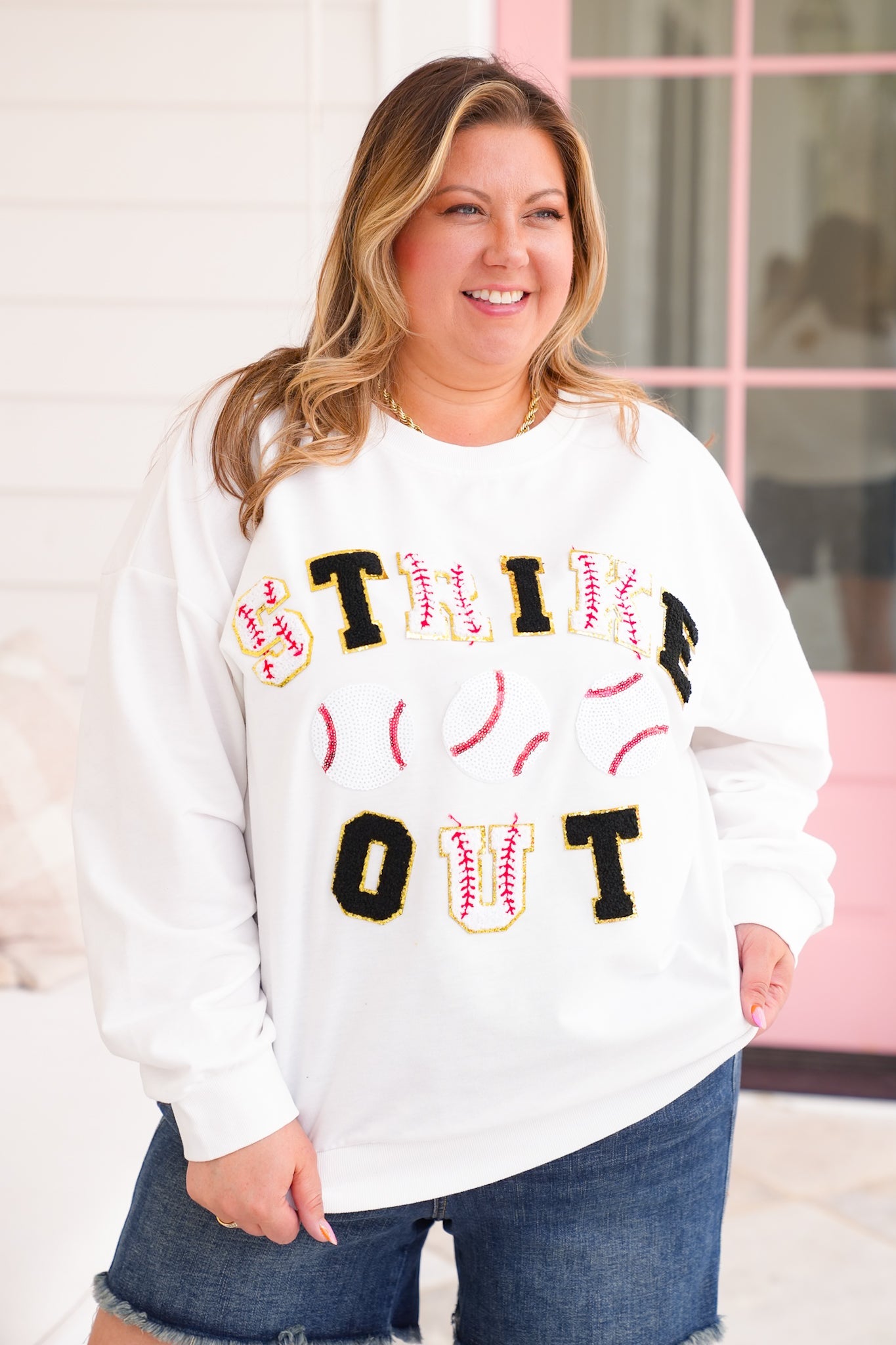 Long Sleeve "Strike Out" Baseball Patches Pullover Sweatshirt with Sequin Detail