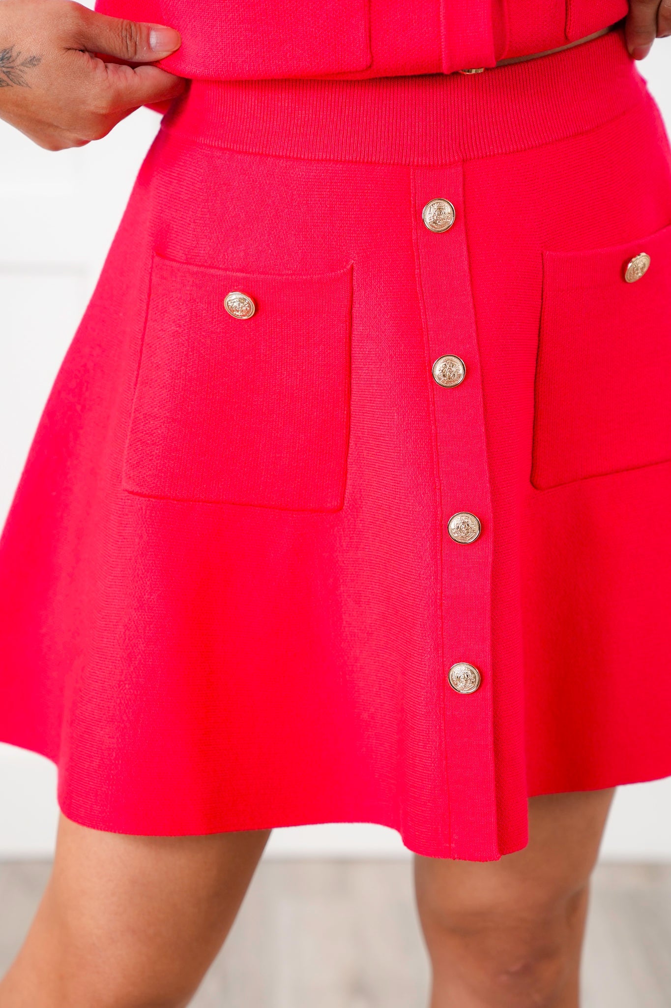 Red Knit A-Line Mini Skirt with Button Detail