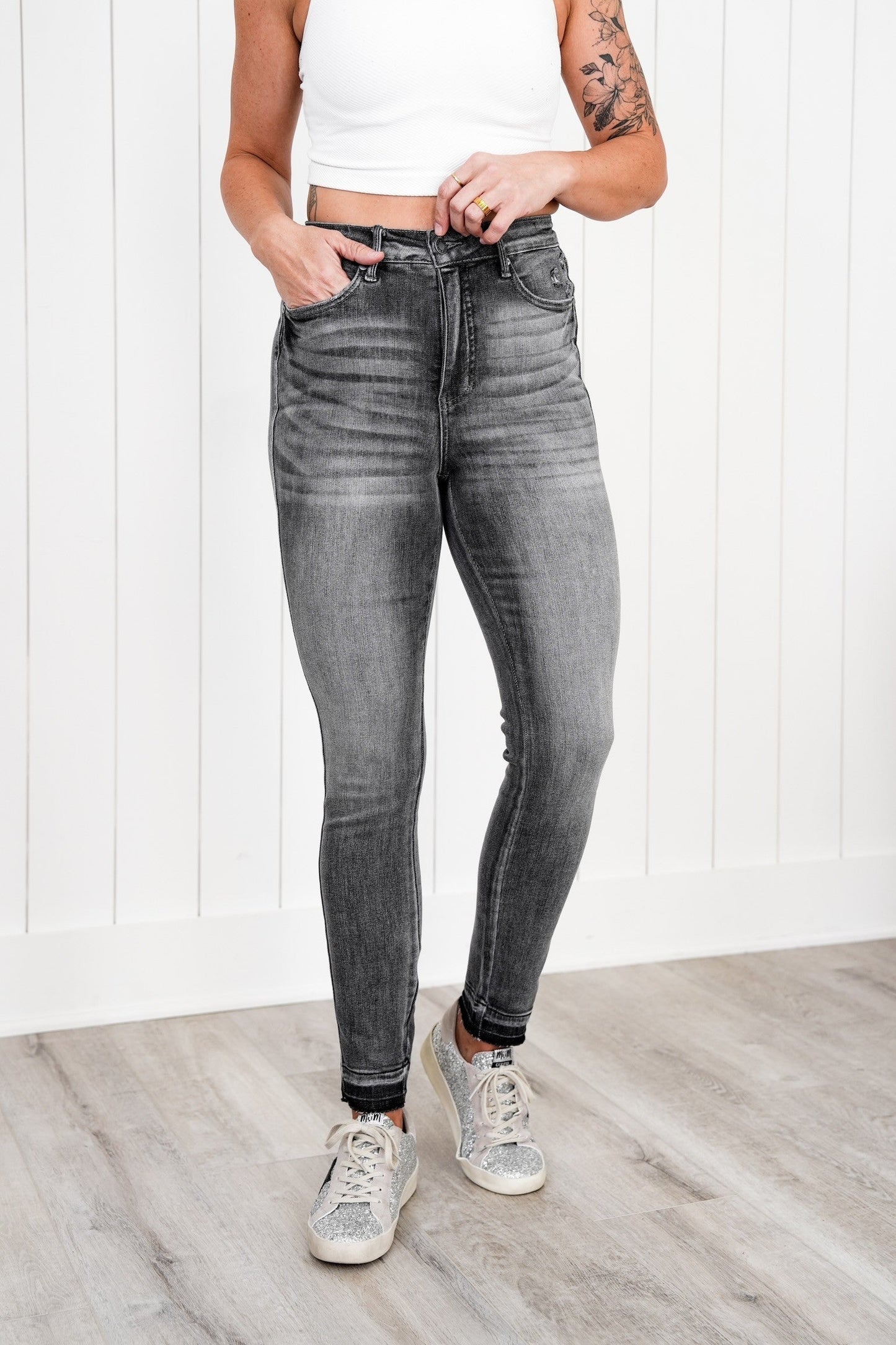 Judy Blue 50 Shades of Grey High Rise Grey Wash Tummy Control Skinny Jeans With Release Hem
