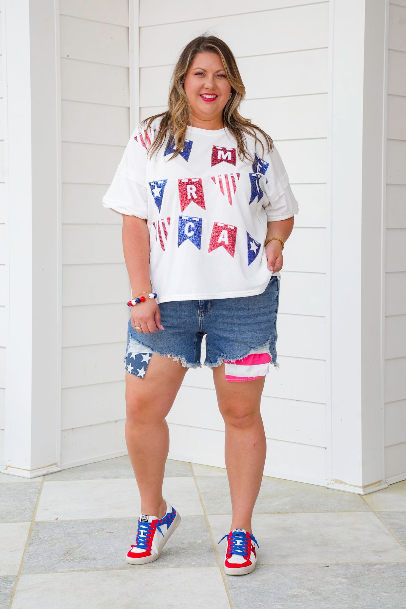 Short Sleeve Top With Sequin "America" Flags Detail