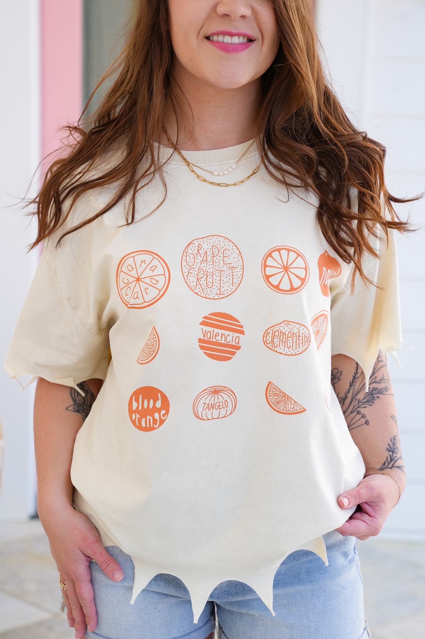 Short Sleeve Citrus Print Graphic Tee with Laser Cut Detail