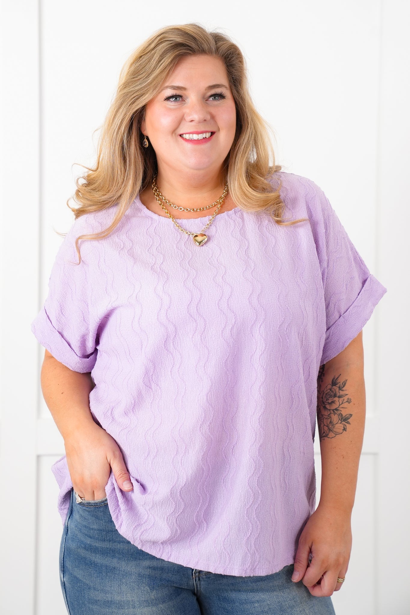 Door Buster! Plus/Reg Textured Short Dolman Sleeve Round Neck Blouse