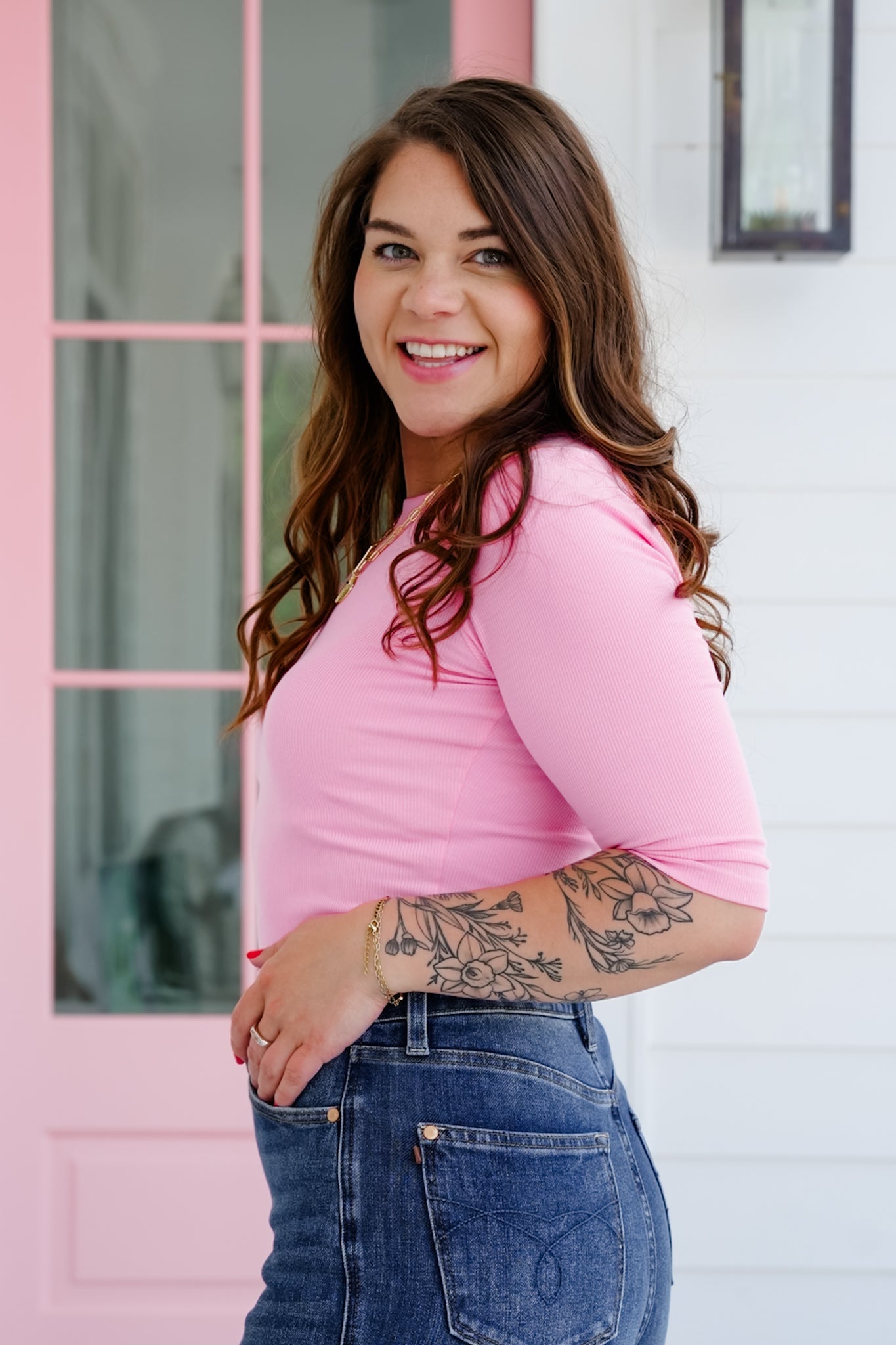 Ribbed Knit 3/4 Sleeve Round Neck top