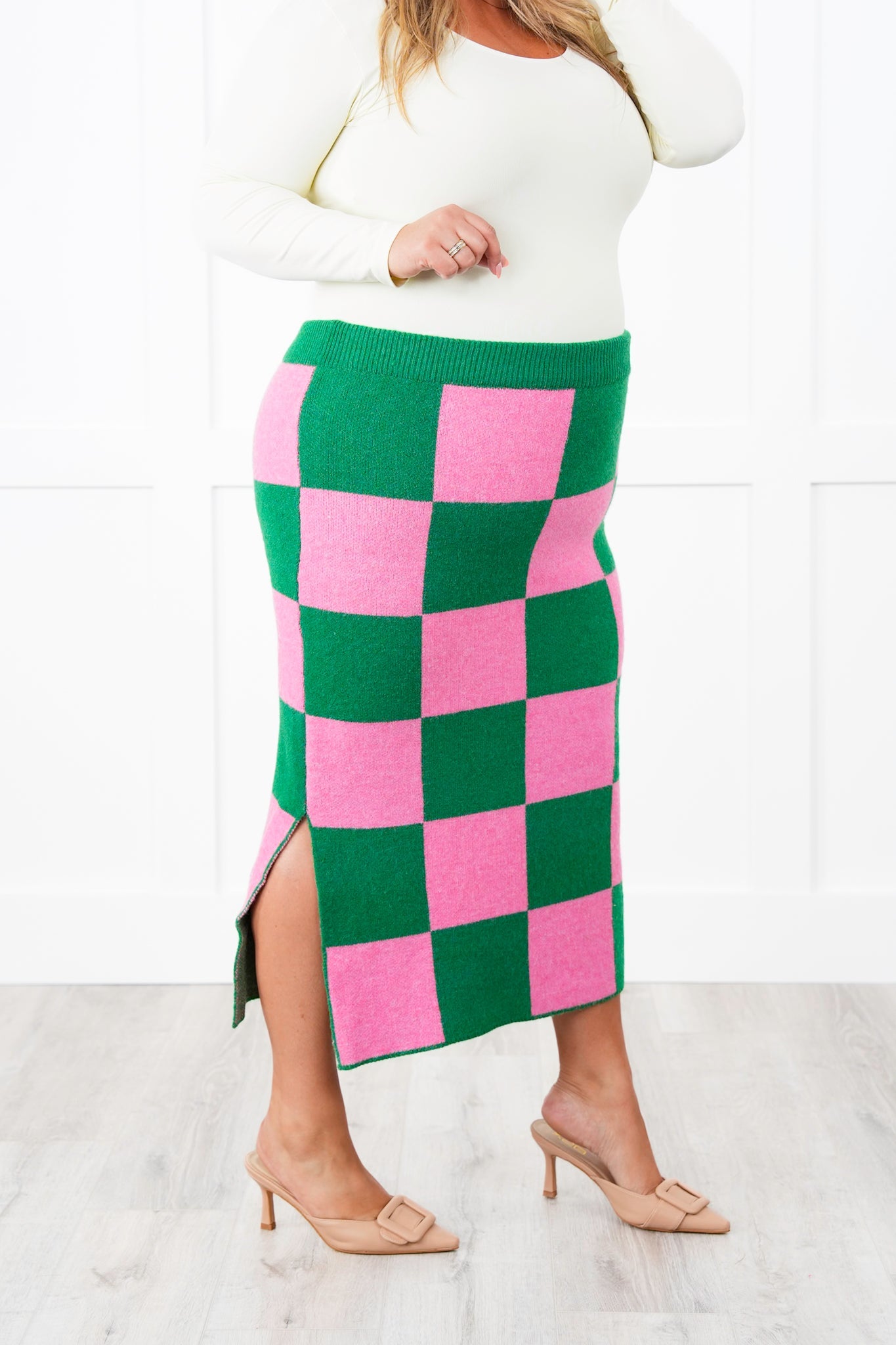 Restock! Plus/Reg Checkered Pencil Midi Sweater Skirt
