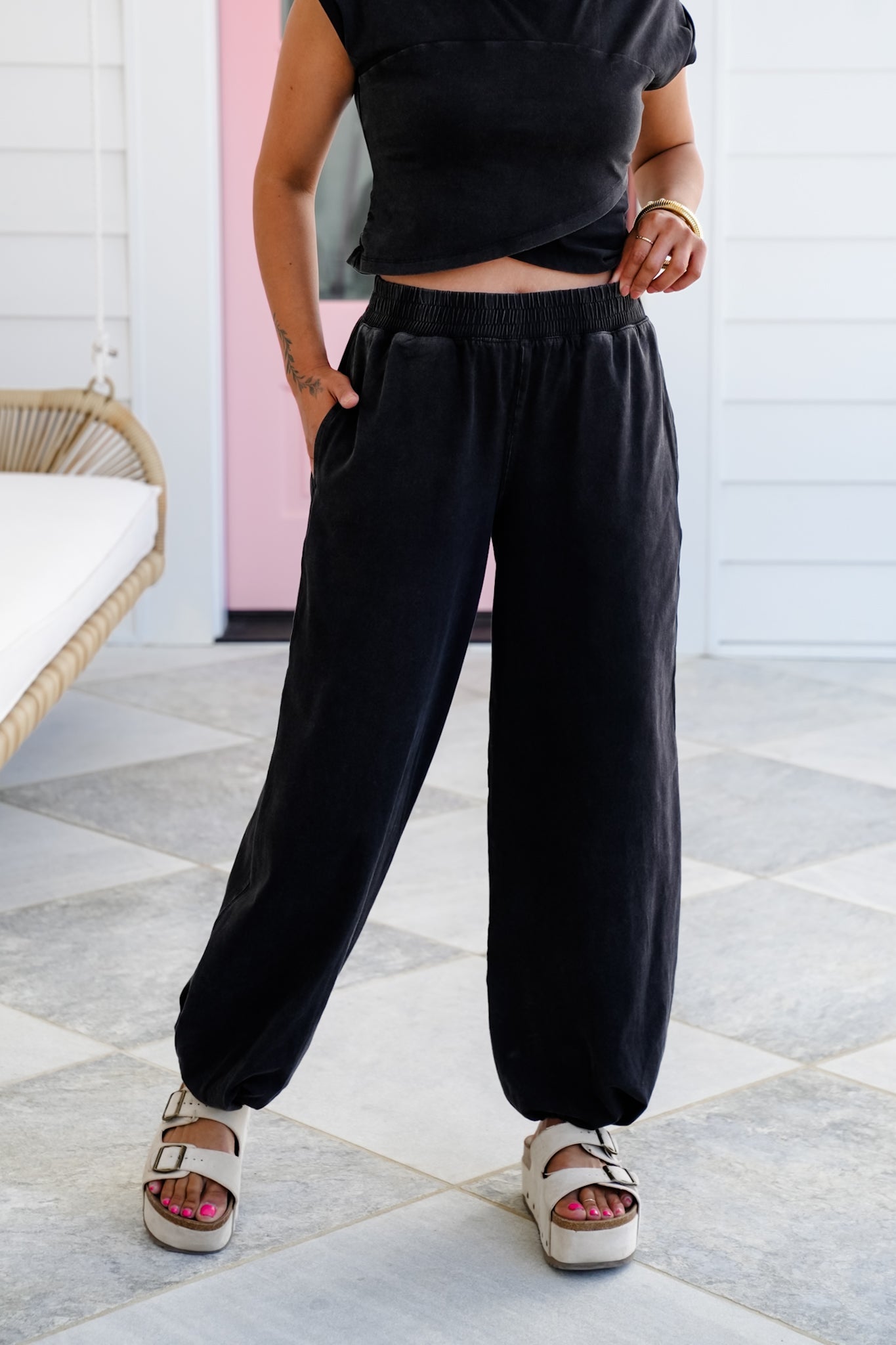 Mineral Wash Elastic Waist Jogger with Side Pockets