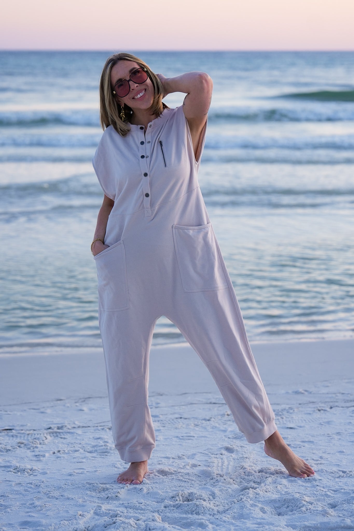 Plus/Reg Taupe Short Sleeve Button Up Knit Jumpsuit with Front Pockets