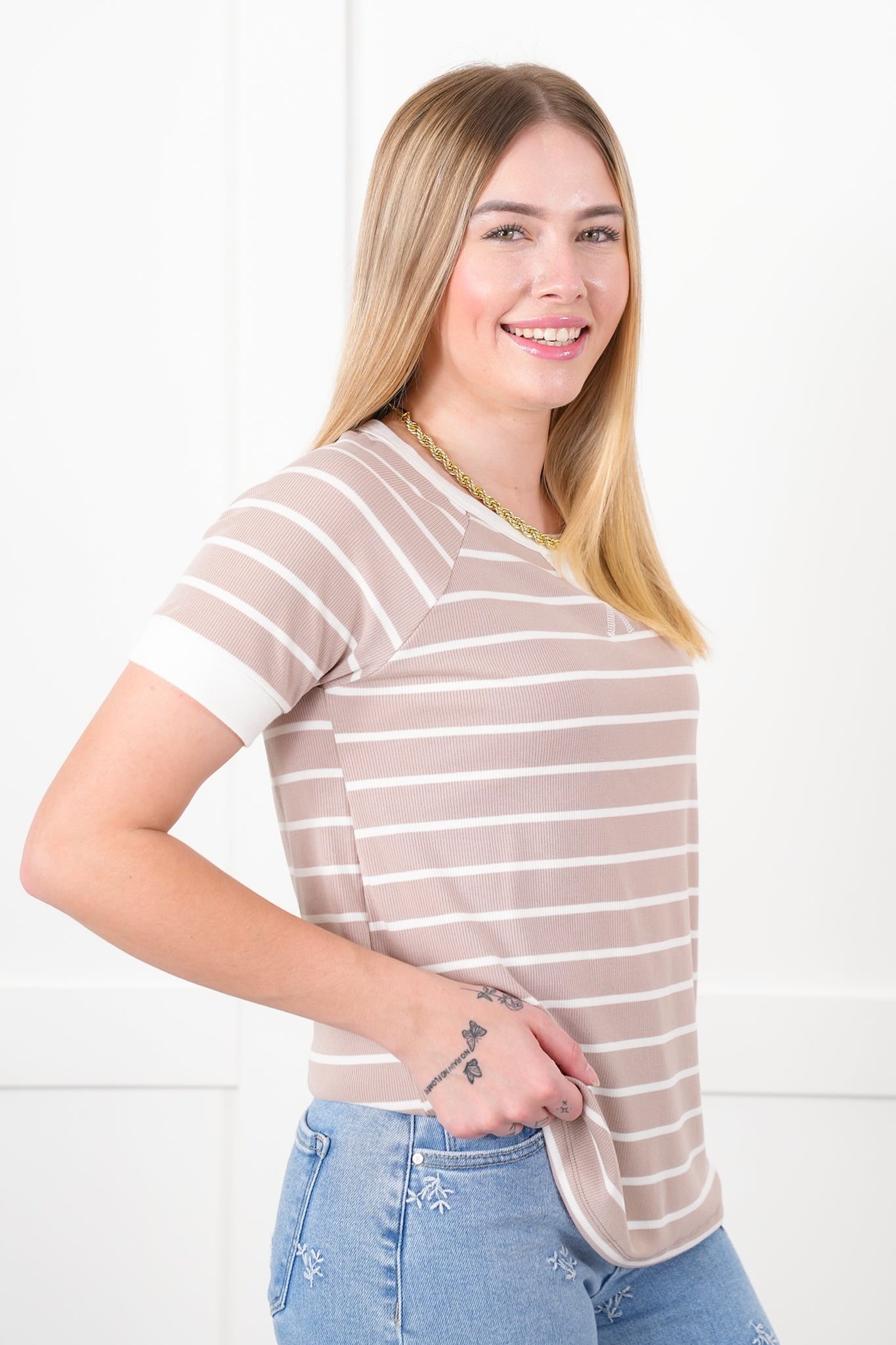 Stripe Short Sleeve Round Neck Top