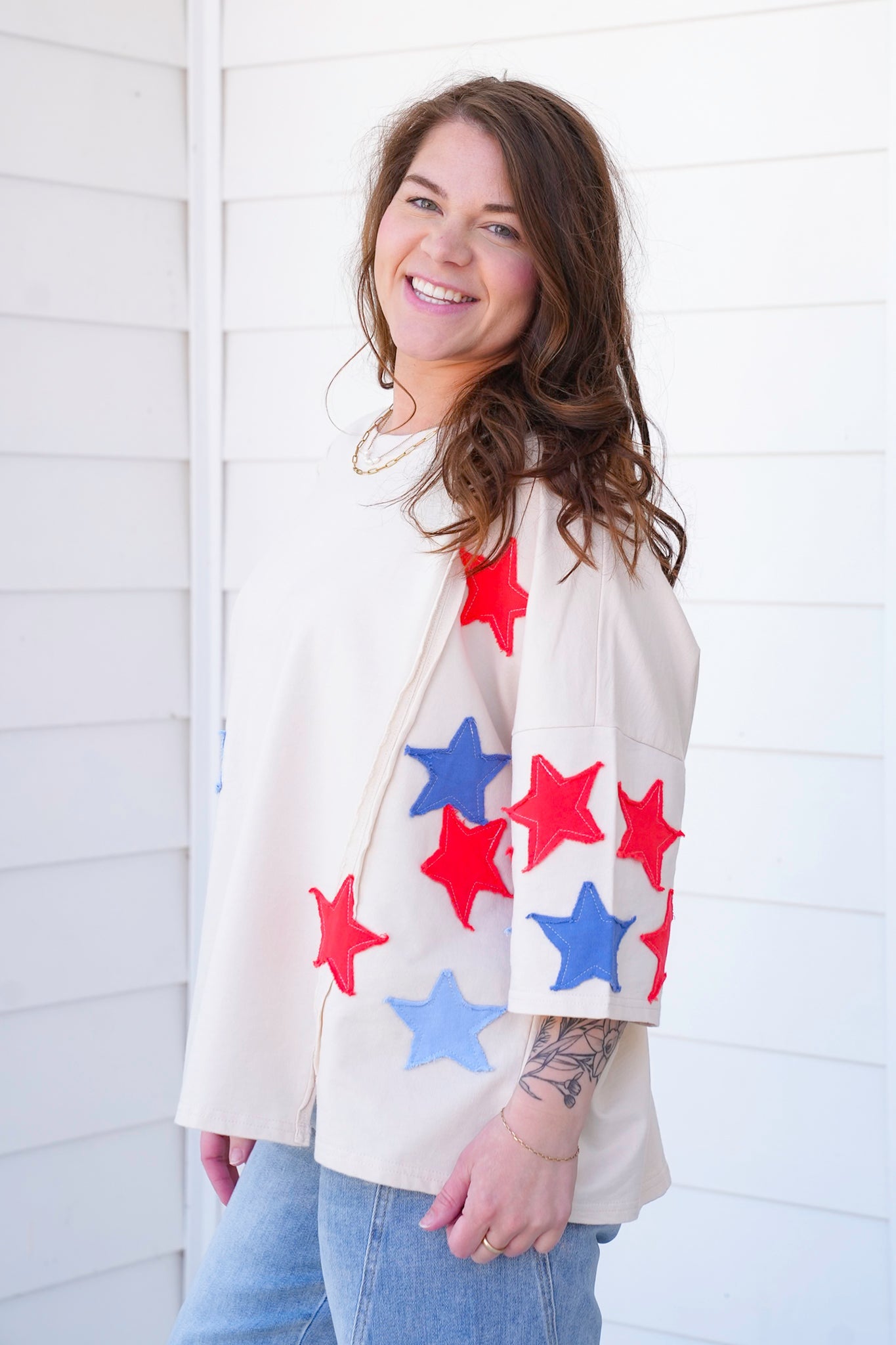 Restock! Plus/Reg Knit 3/4 Sleeve Pullover Top with Star Patch Detail