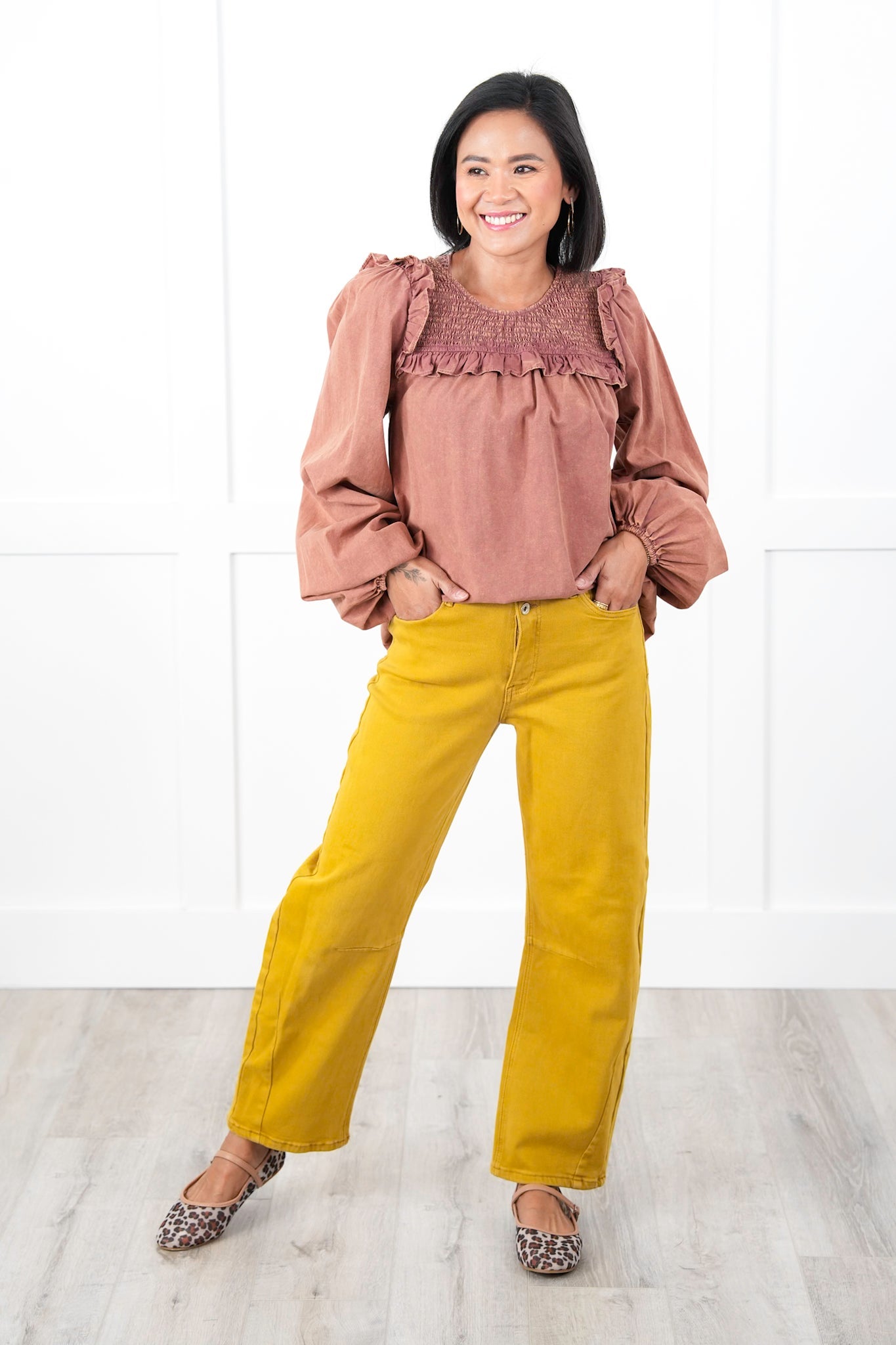 Plus/Reg Mineral Wash Long Sleeve Smocked Neck Top
