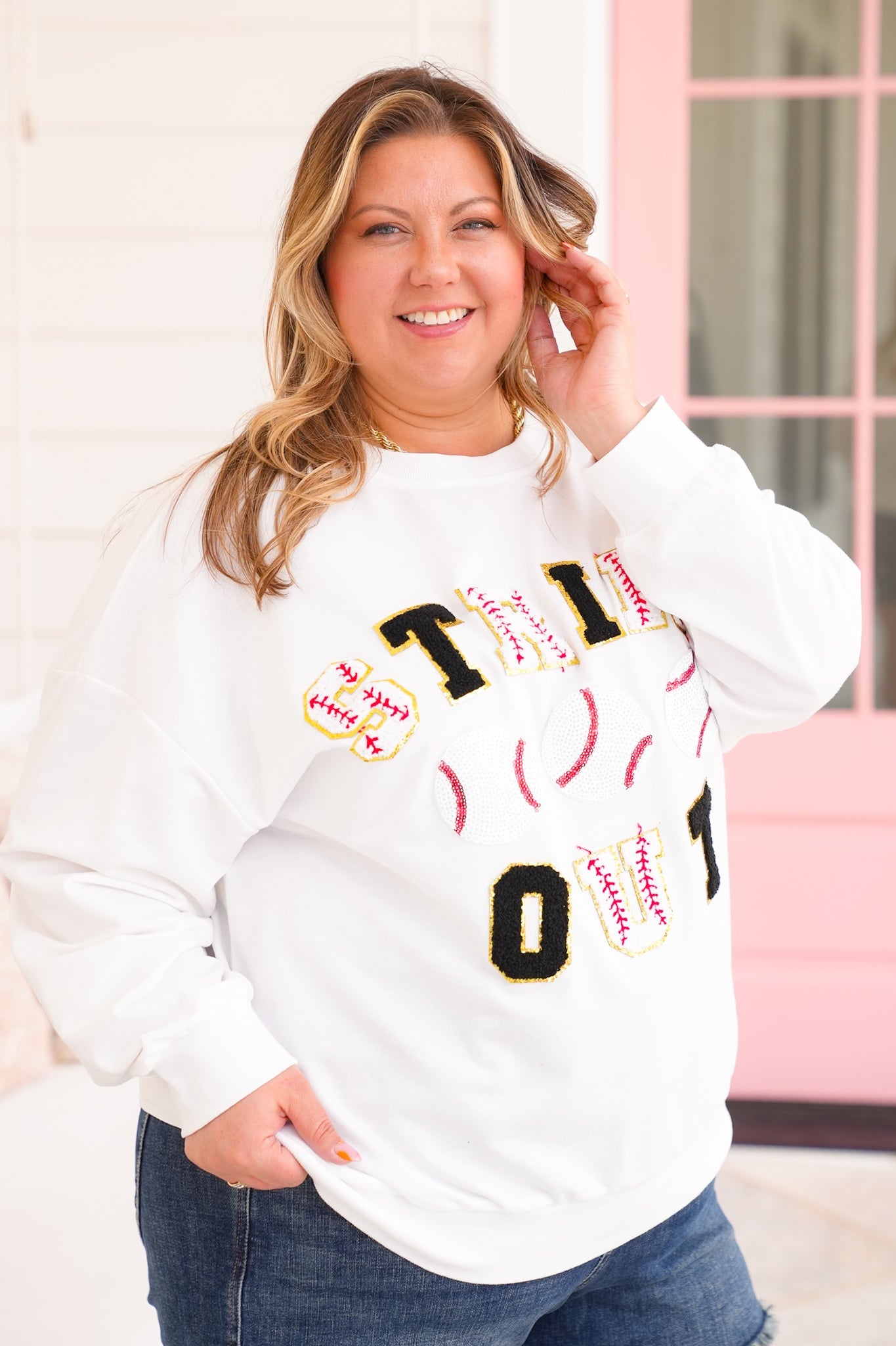 Long Sleeve "Strike Out" Baseball Patches Pullover Sweatshirt with Sequin Detail