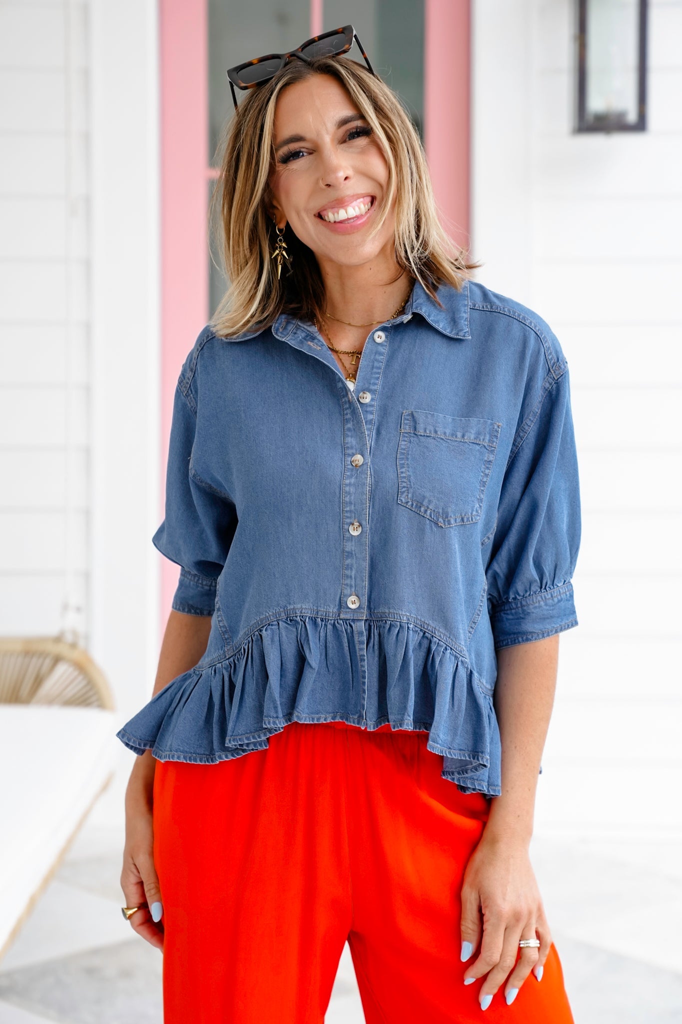Short Sleeve Button Down Top with Ruffle Detail